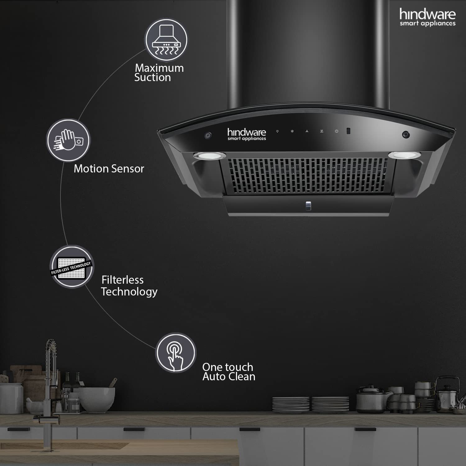 Image of Hindware Chromia 60 Cm Chimney 1200 M3 /Hr Filter-less Touch Control + Free orient iron Auto Clean Wall Mounted BLACK 1200 CMH Chimney