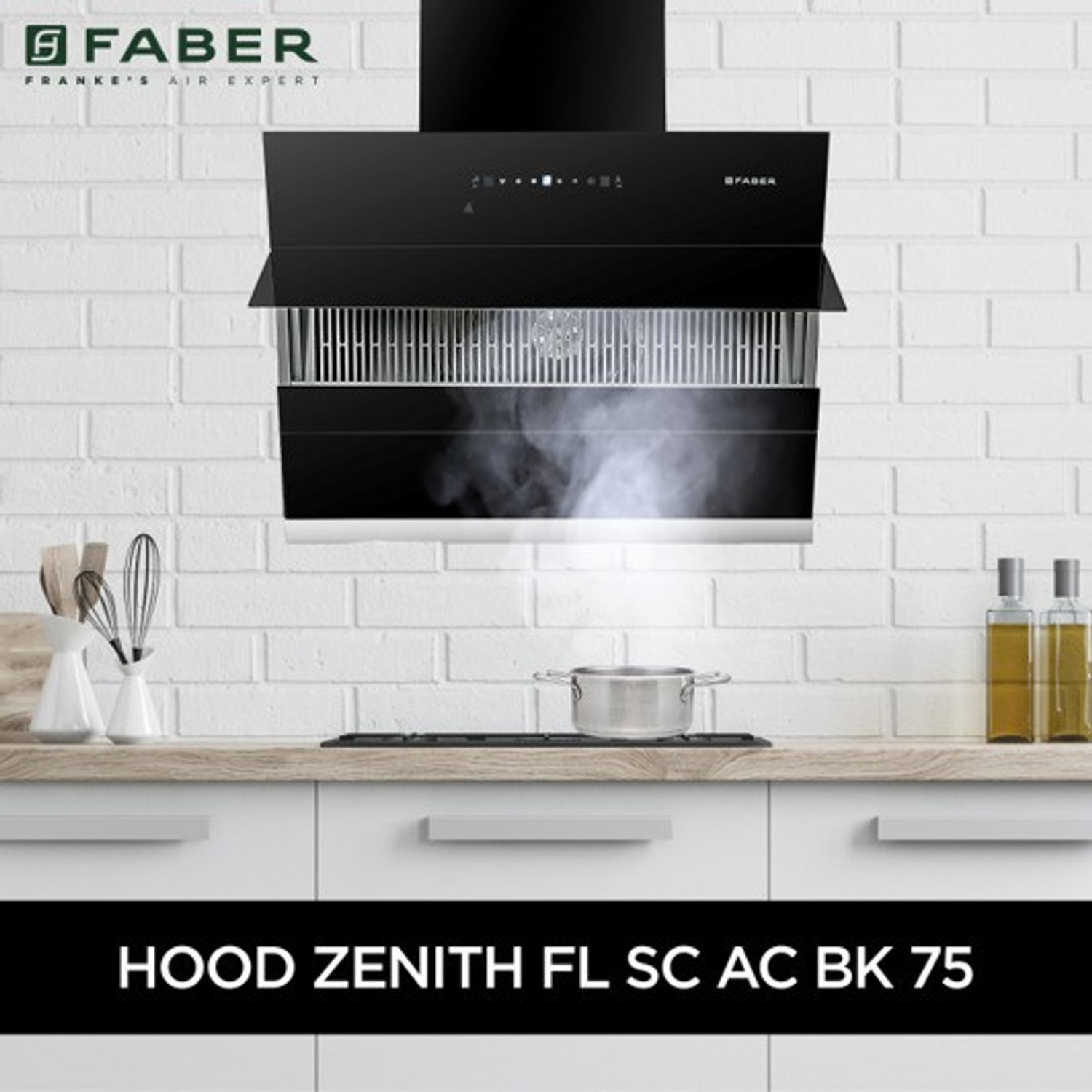 Image of FABER HOOD ZENITH FL SC AC BK 75 Auto Clean Wall Mounted BLACK 1350 CMH Chimney
