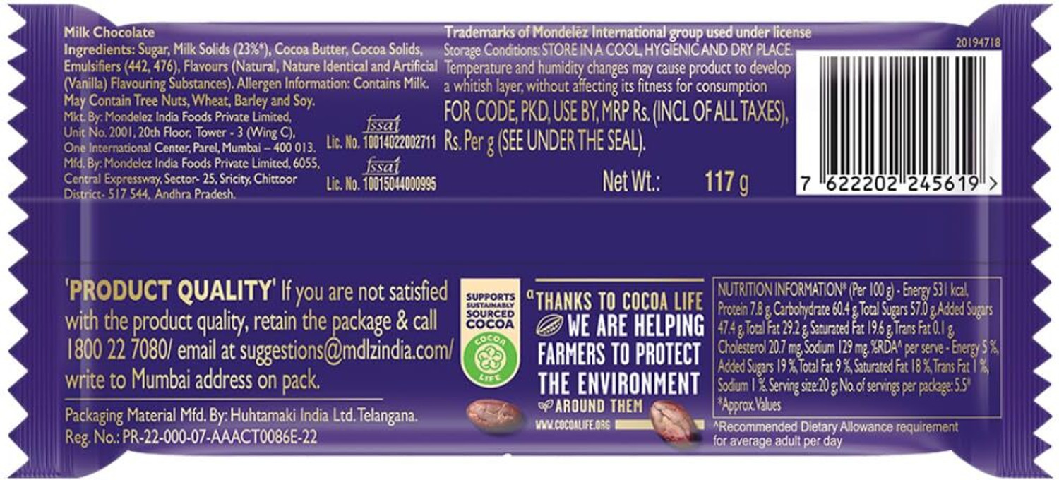 Image of Cadbury Dairy Milk Chocolate Bar Family Pack Bar (117 g)