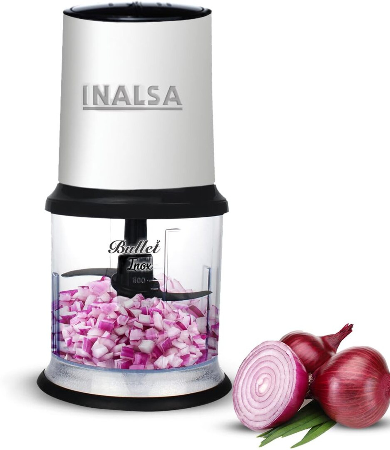 Inalsa Mini Chopper Bullet Inox-450W with Variable Speed &amp;100% Pure Copper Motor|Dual Layered Blade &amp; 500ml Capacity Electric Vegetable &amp; Fruit Chopper  (1 Unit : Chopper)