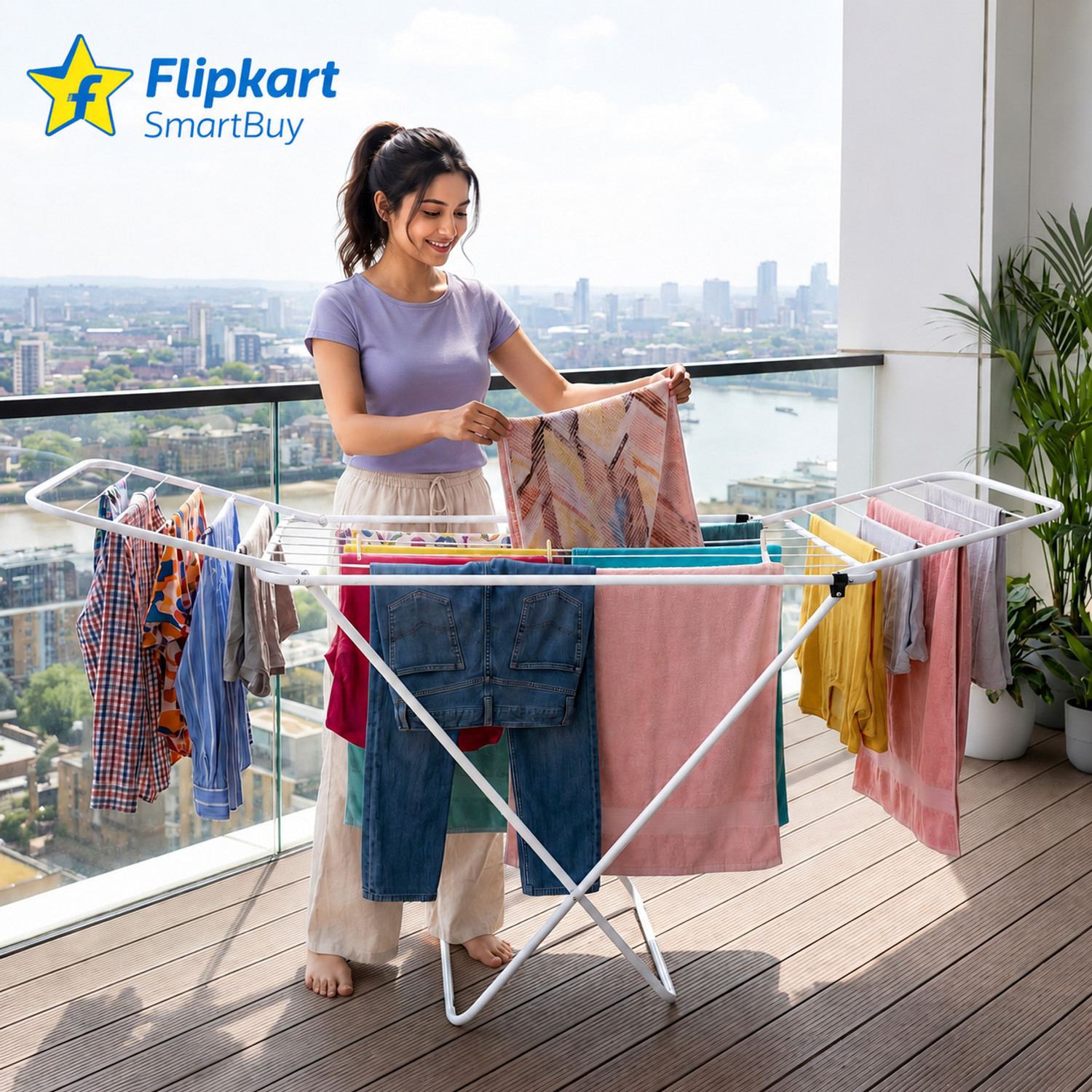 Image of Flipkart SmartBuy Steel Floor Cloth Dryer Stand Pipe Cloth Stand Black Big FSB-004 (1 Tier)