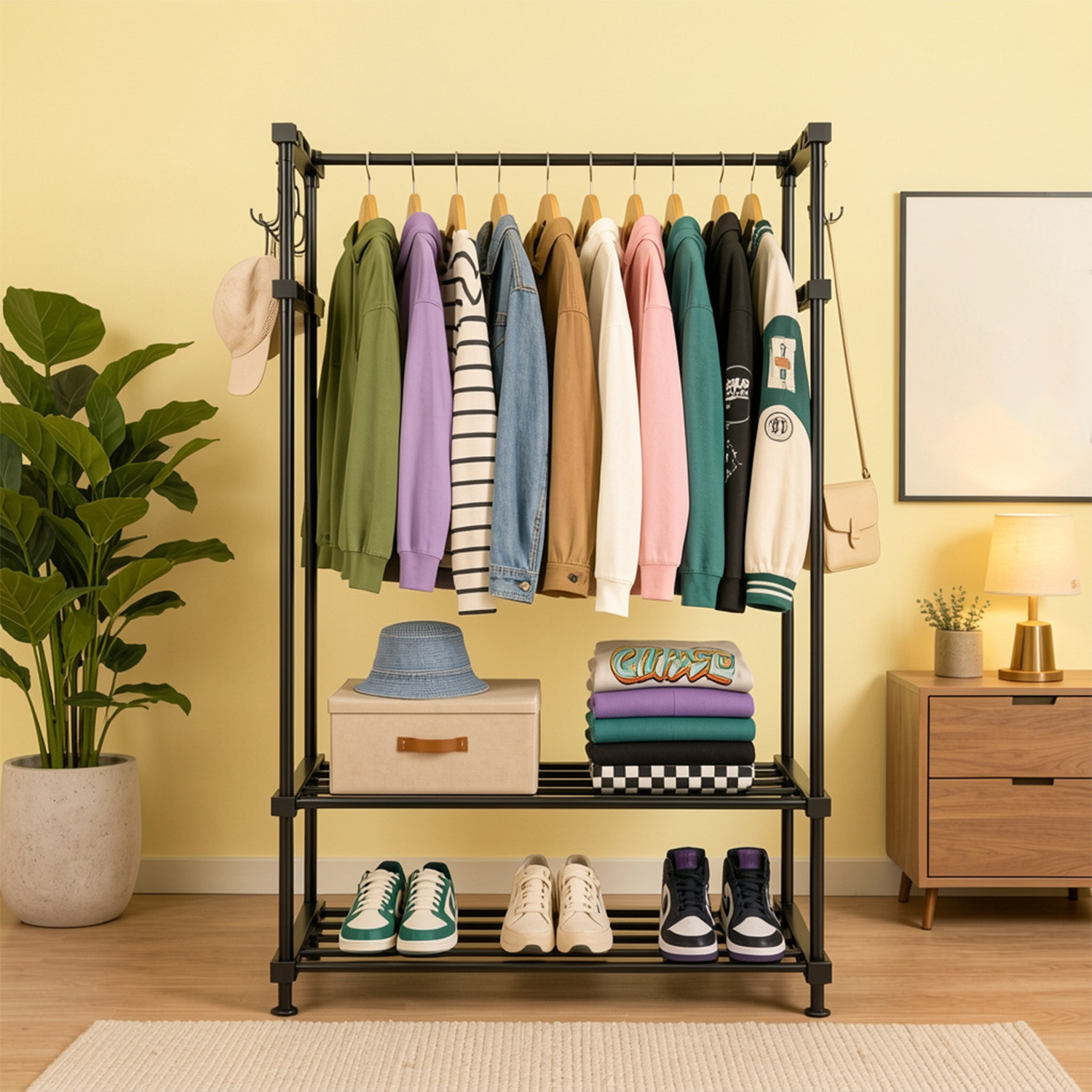 LEOPAX Steel Floor Cloth Dryer Stand Freestanding Metal Clothe Garment Rack with 2 Shelves & 8 Hook, Open Wardrobe