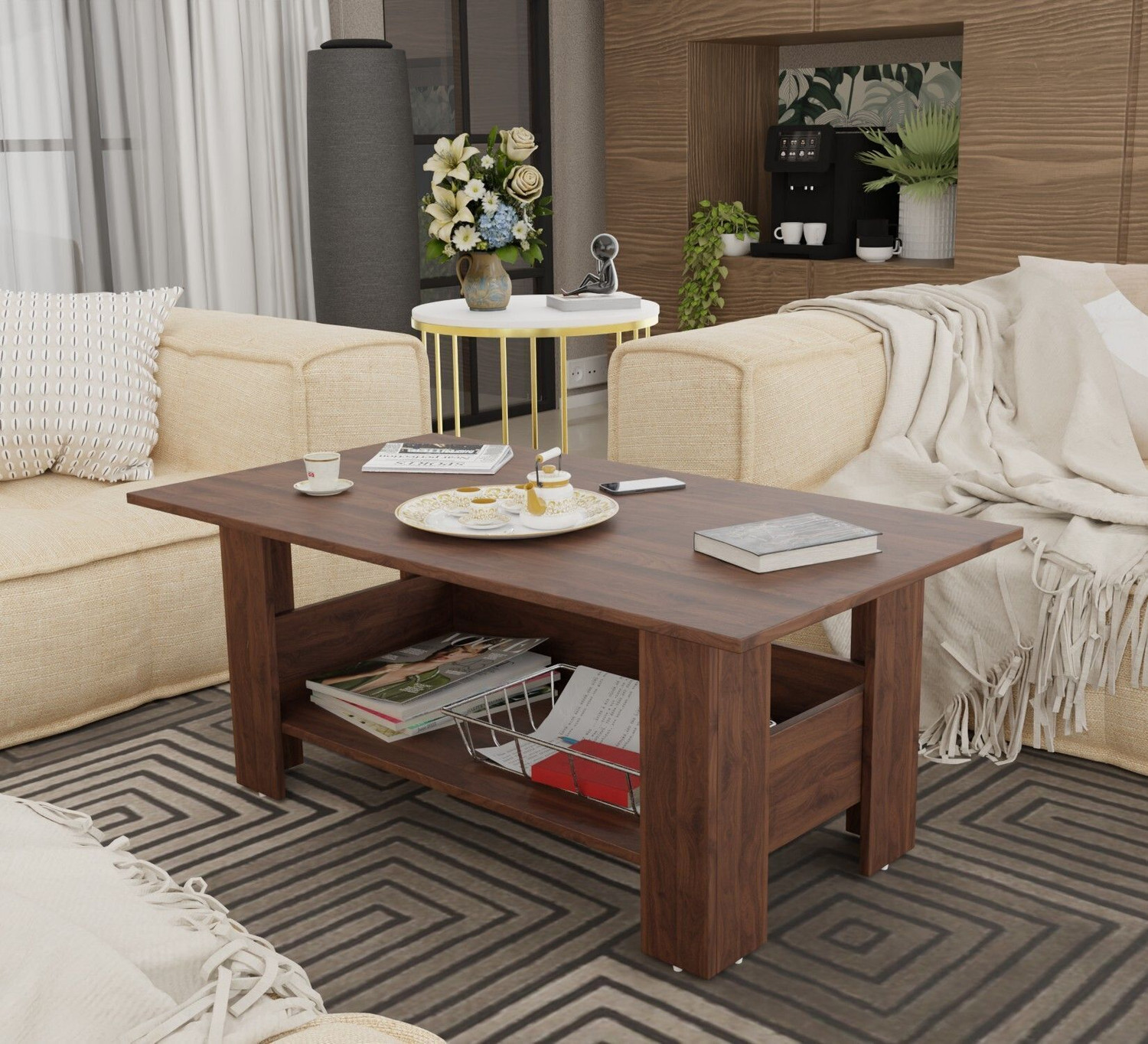 Image of FORKTAIL Engineered Wood Center Table /Teapoy with Shelve for Living Room Engineered Wood Coffee Table (Finish Color - Brown Textured, DIY(Do-It-Yourself))
