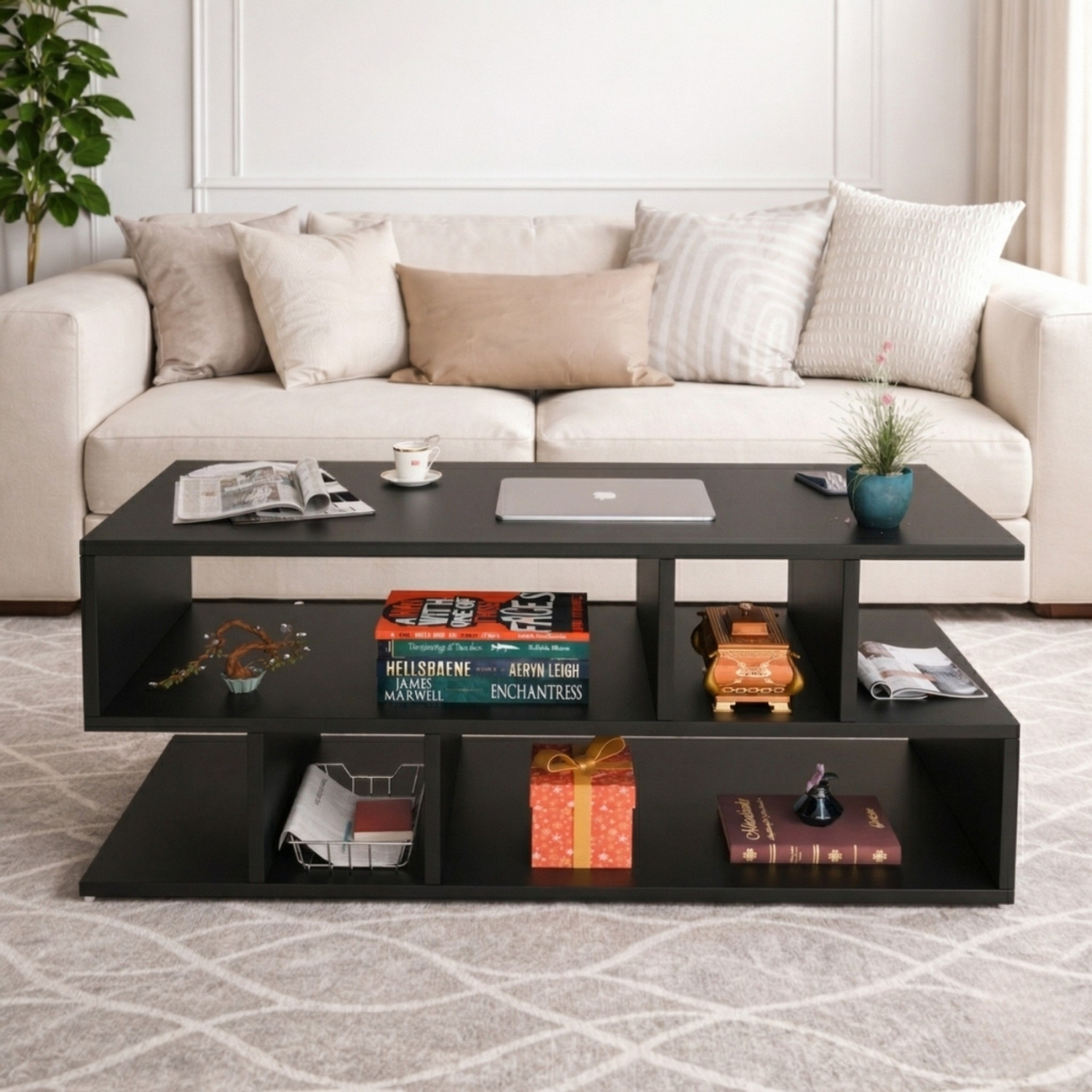 Image of FORKTAIL Engineered Wood Center Table /Teapoy with Shelve for Living Room Engineered Wood Coffee Table (Finish Color - Brown Textured, DIY(Do-It-Yourself))