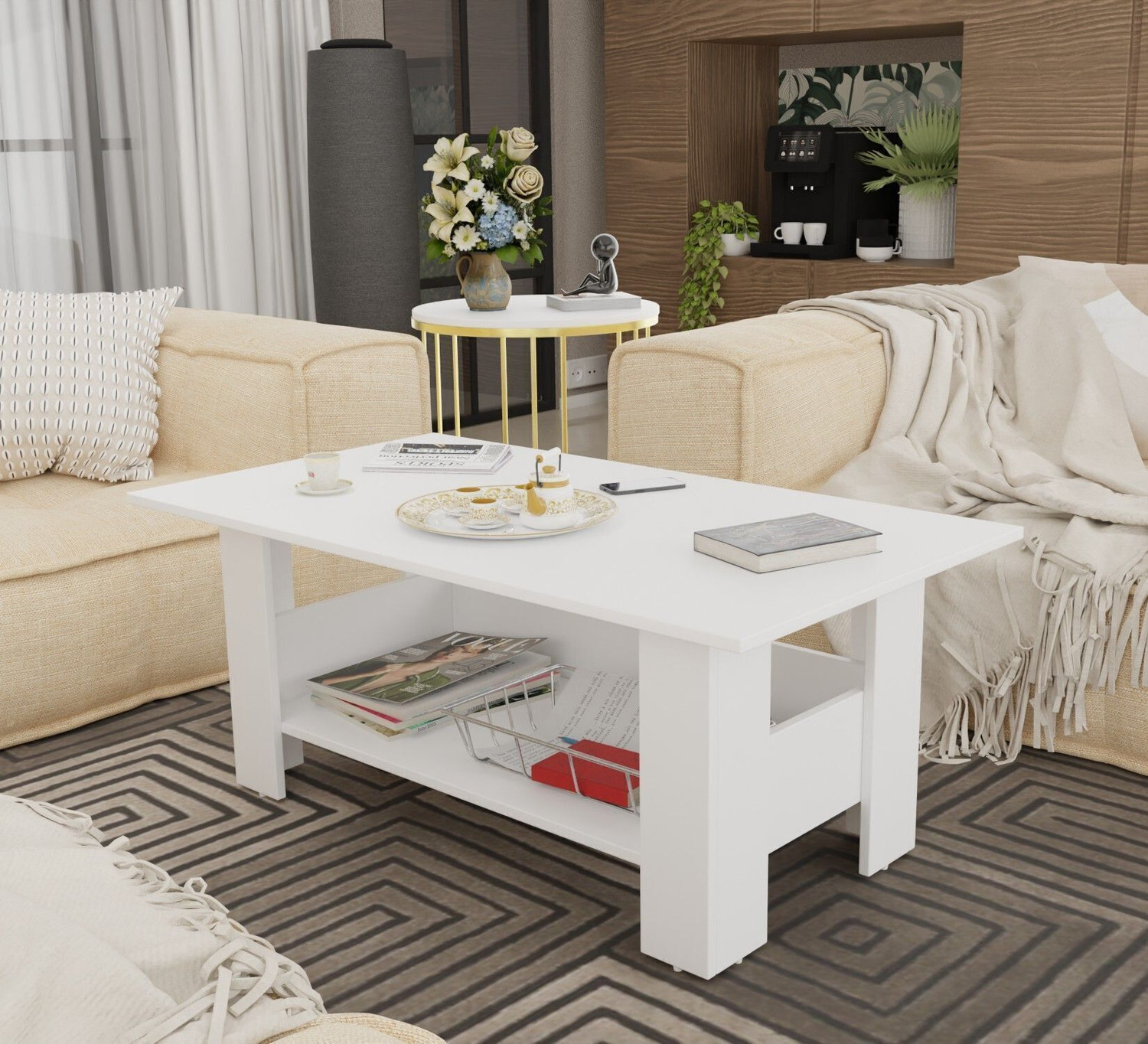 Image of FORKTAIL Engineered Wood Center Table /Teapoy with Shelve for Living Room Engineered Wood Coffee Table (Finish Color - Brown Textured, DIY(Do-It-Yourself))