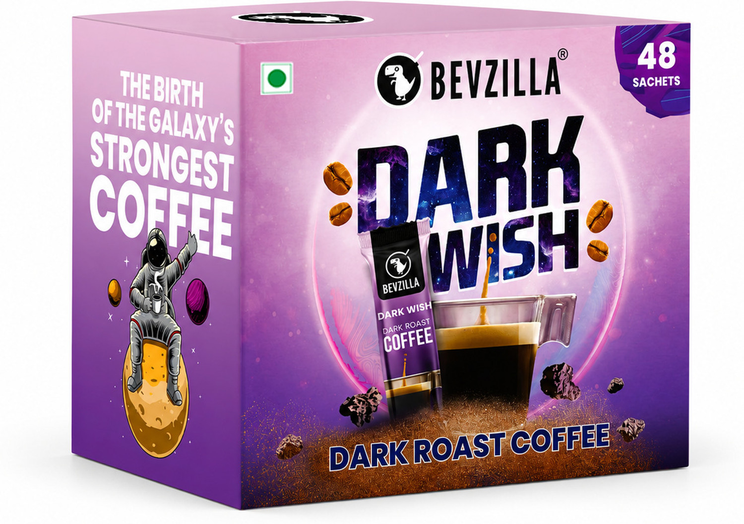 Bevzilla Dark Wish 100% Arabica Dark Roast Coffee Powder Box - 48 Sachets| Strong Instant Coffee