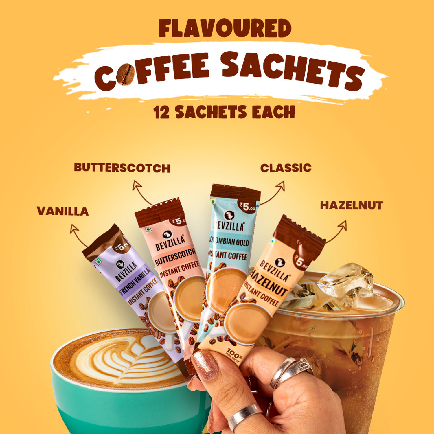 Image of Bevzilla Instant Coffee Powder - 48 Sachets Box,Assorted Flavour,12 Sachets Each Flavour Instant Coffee