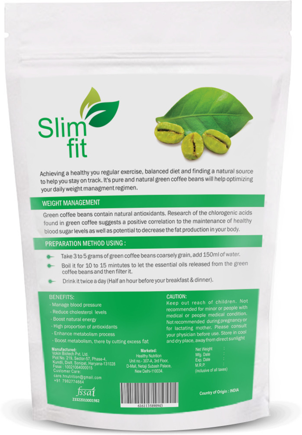 Image of Healthy Nutrition Slim Fit with High CGA | Unroasted Arabica Weight Loss Supplement green Coffee Beans