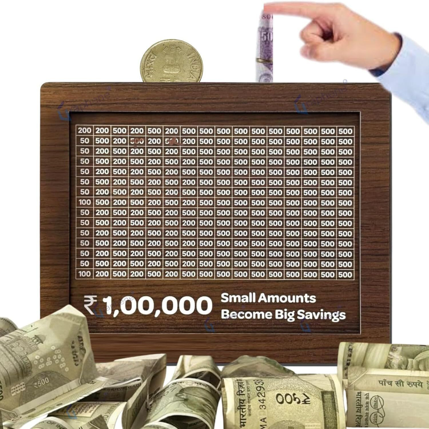 Image of Kindly 1,00,000 Rupees Money Saving Piggy Bank | Wooden Piggy Bank with Easy Tracking Coin Bank (Brown)