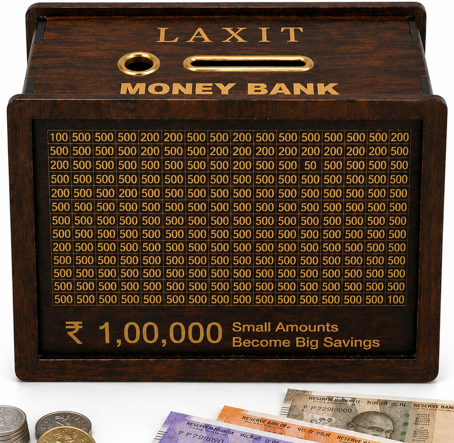 Image of Kindly 1,00,000 Rupees Money Saving Piggy Bank | Wooden Piggy Bank with Easy Tracking Coin Bank (Brown)