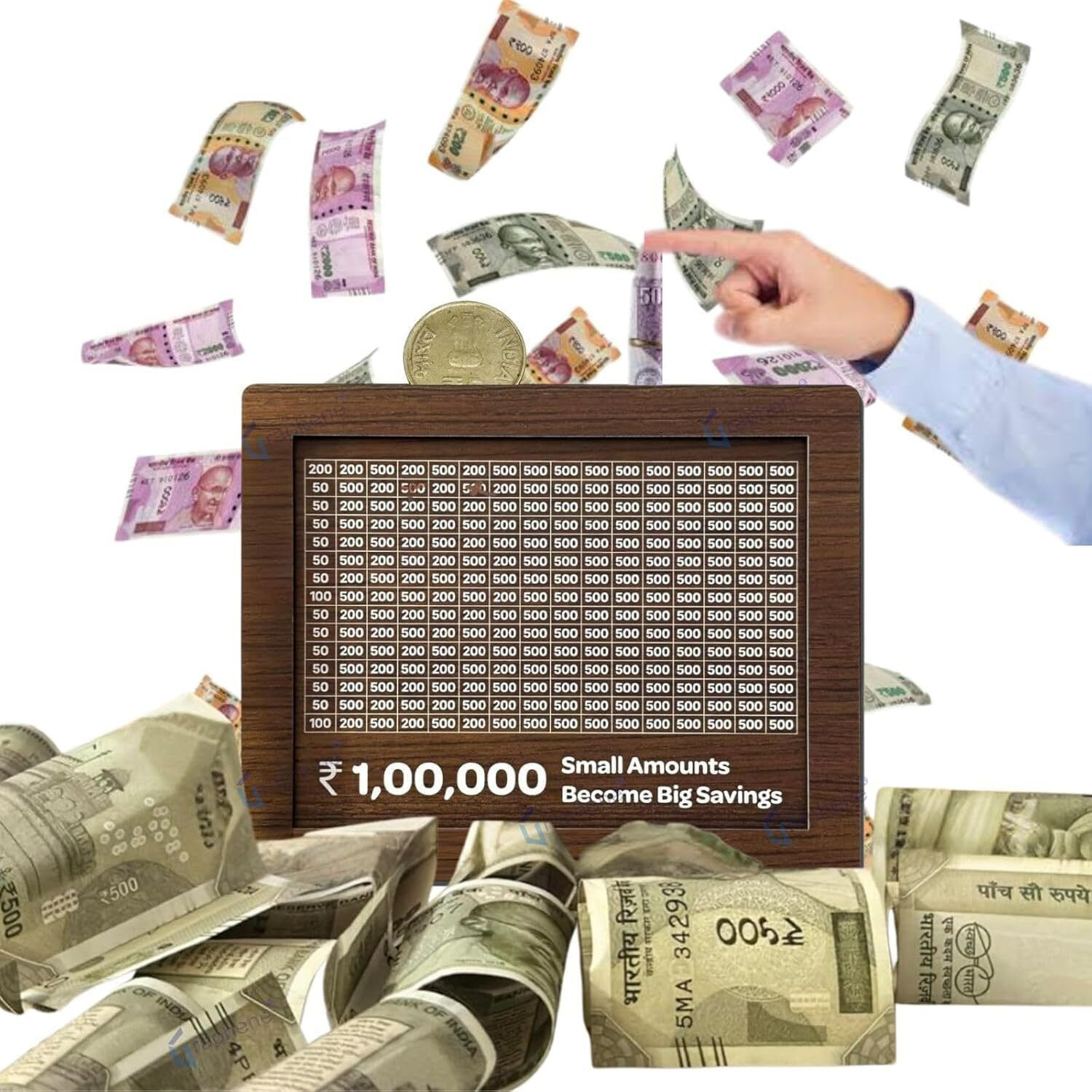 Image of Kindly 1,00,000 Rupees Money Saving Piggy Bank | Wooden Piggy Bank with Easy Tracking Coin Bank (Brown)