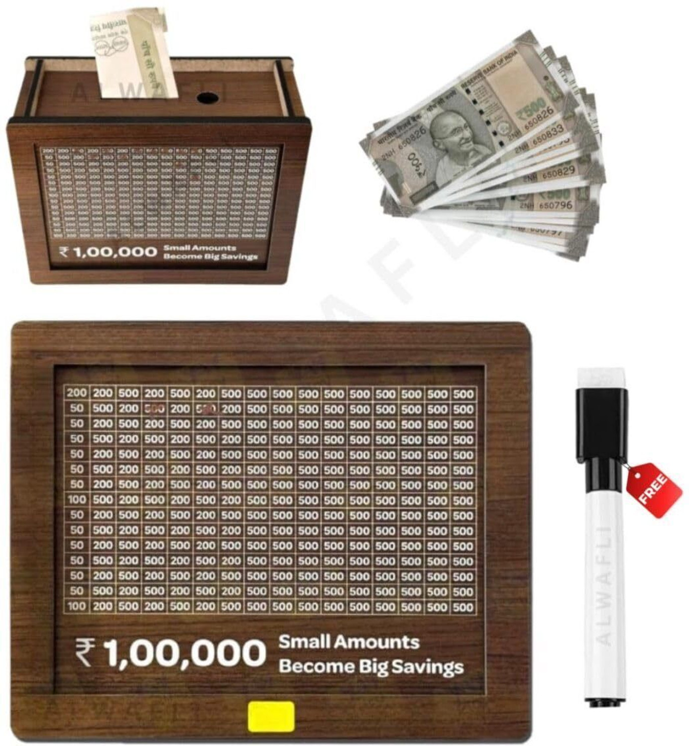 Image of Kindly 1,00,000 Rupees Money Saving Piggy Bank | Wooden Piggy Bank with Easy Tracking Coin Bank (Brown)