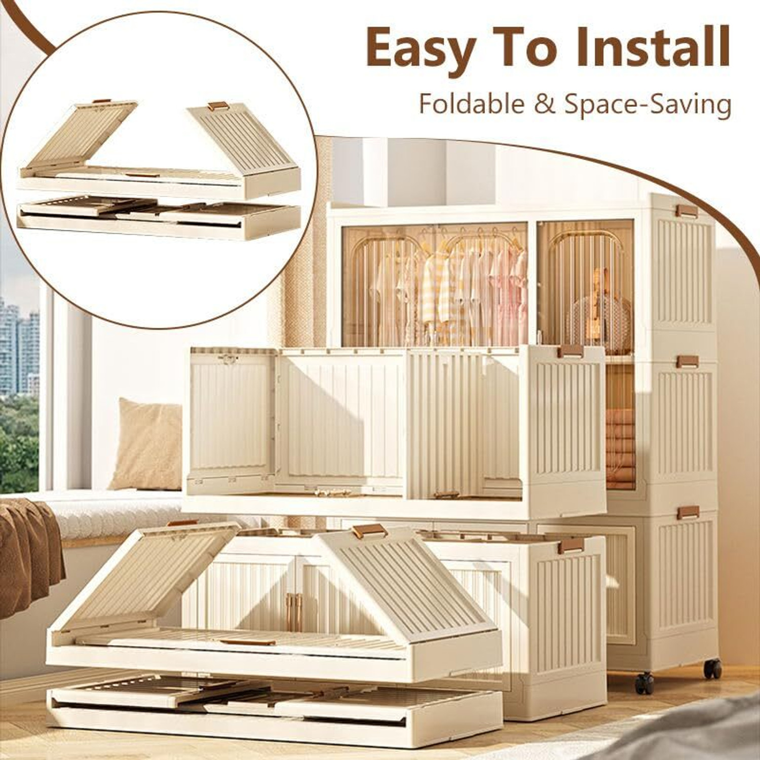 Image of Hemovia 8 Door 12 Shelf Plastic Foldable Wardrobe for Clothes Plastic Cloth Rack PP Collapsible Wardrobe (Finish Color - White-651, DIY(Do-It-Yourself))