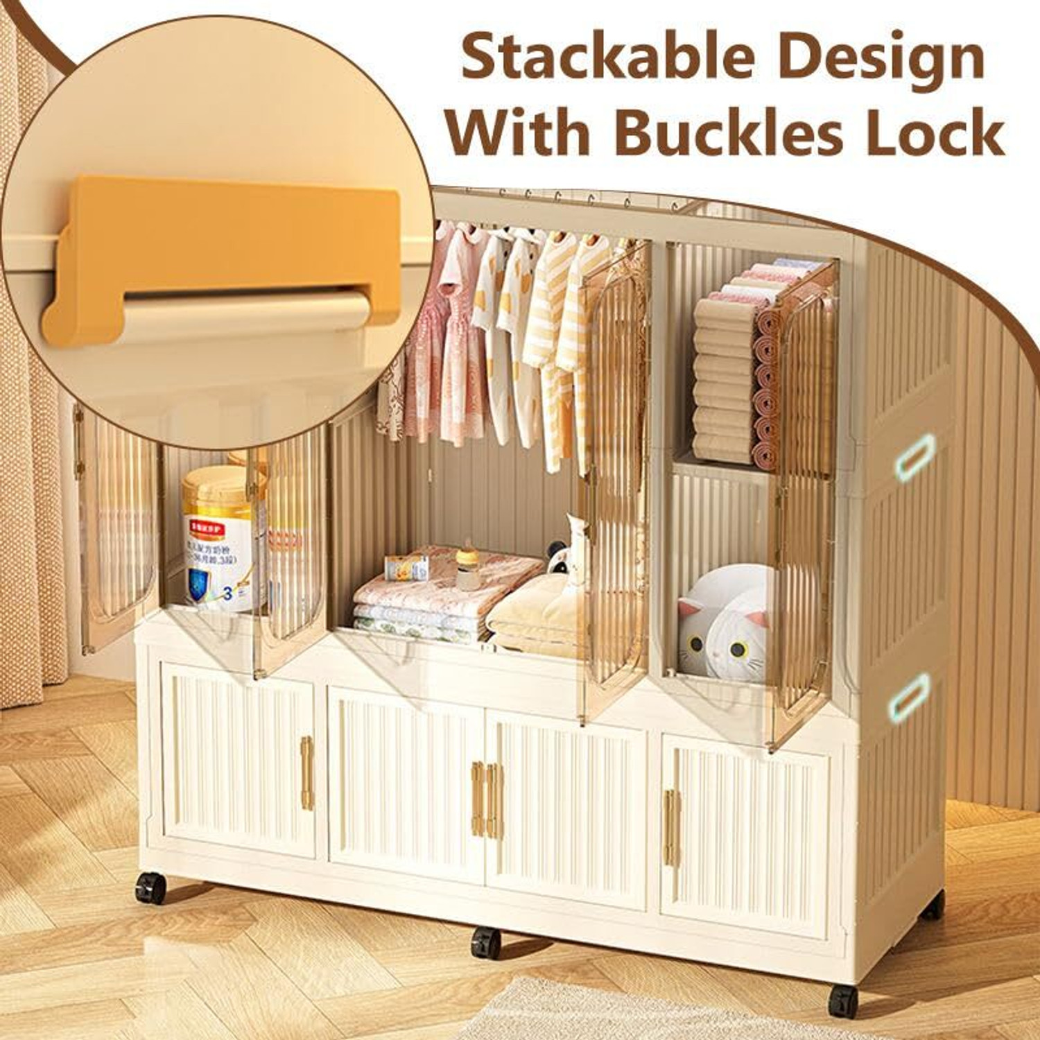 Image of Hemovia 8 Door 12 Shelf Plastic Foldable Wardrobe for Clothes Plastic Cloth Rack PP Collapsible Wardrobe (Finish Color - White-651, DIY(Do-It-Yourself))