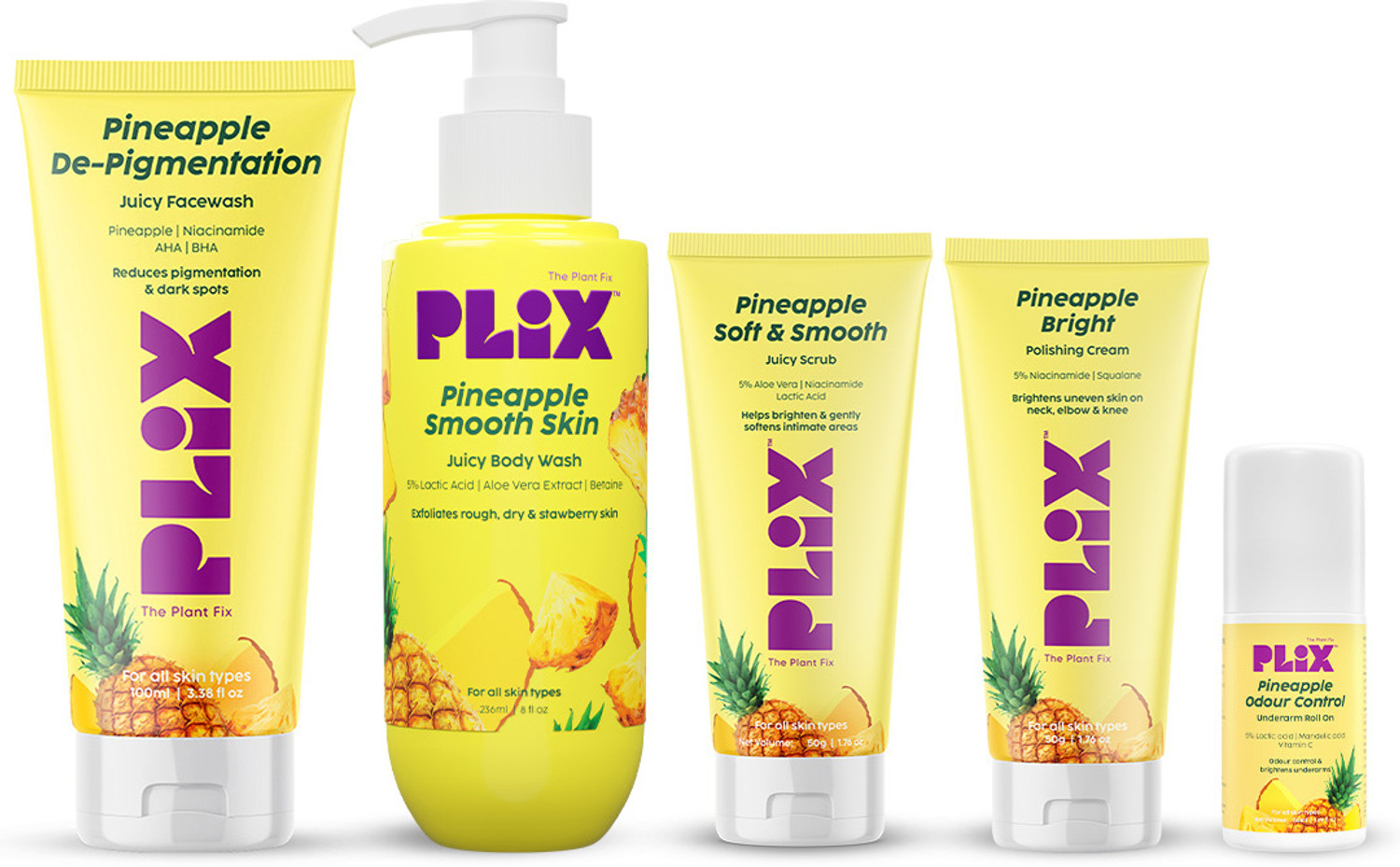 The Plant Fix Plix Pineapple Brightening & Lightening Kit with Scrub, Cream, Roll on, Body wash & Face wash