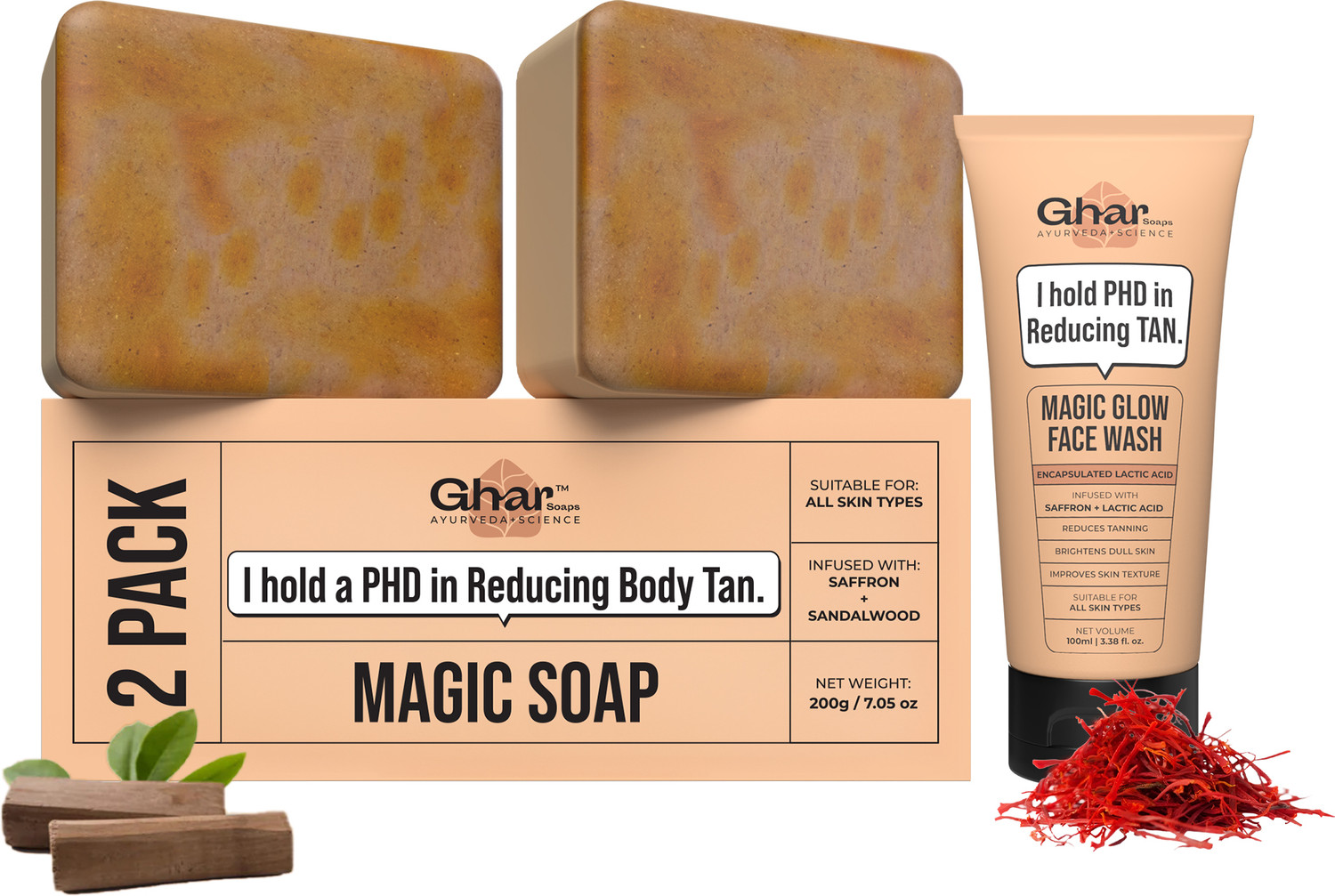 Image of Ghar Soaps De-Tan Magic Combo - Magic Soap Pack of 2 & Magic Facewash (3 Items in the set)