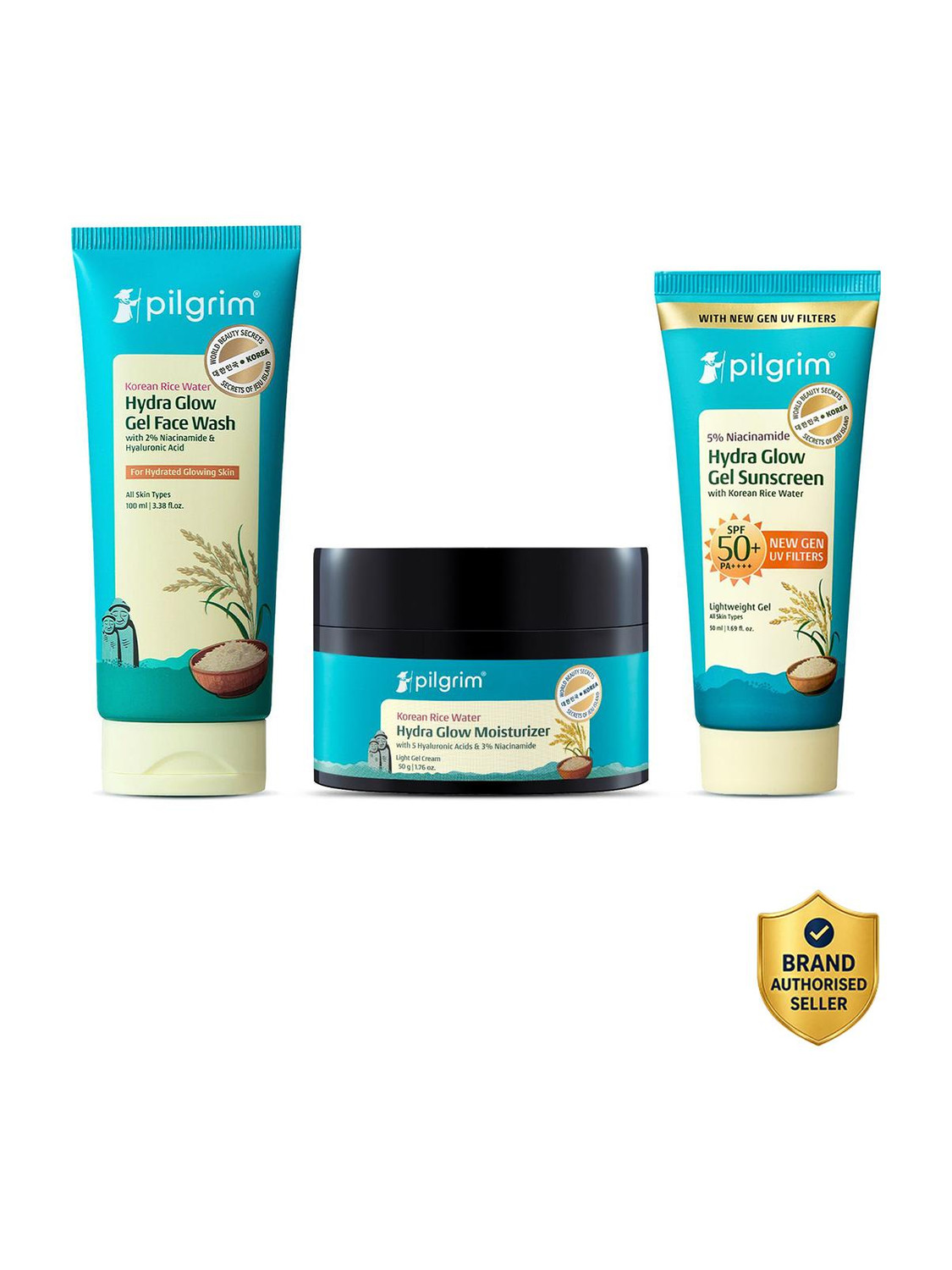 Korean Rice Water Facewash, Hydra Glow Moisturizer & Gel Sunscreen Com