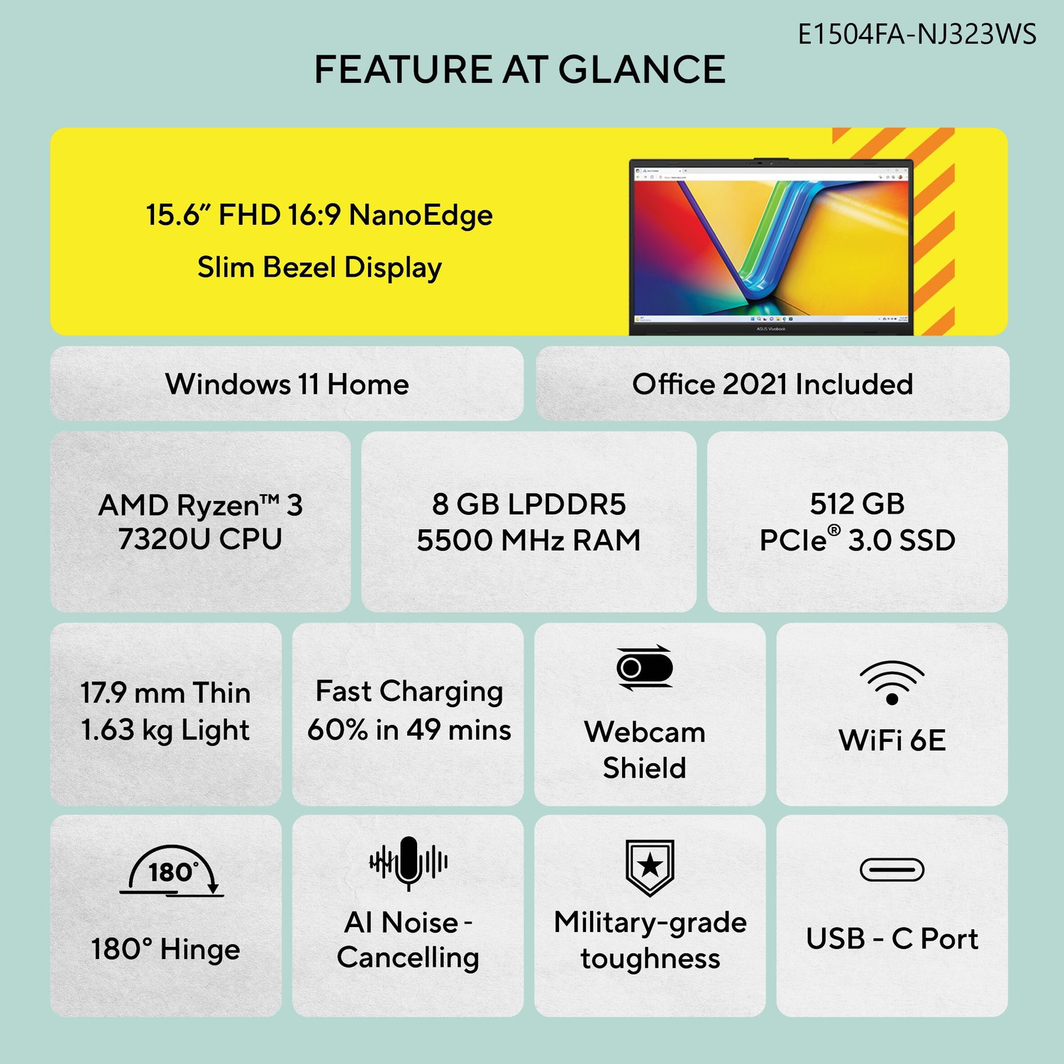 Image of ASUS Vivobook Go 15 AMD Ryzen 3 Quad Core 7320U - (8 GB /512 GB SSD /Windows 11 Home) E1504FA-NJ323WS Thin and Light Laptop