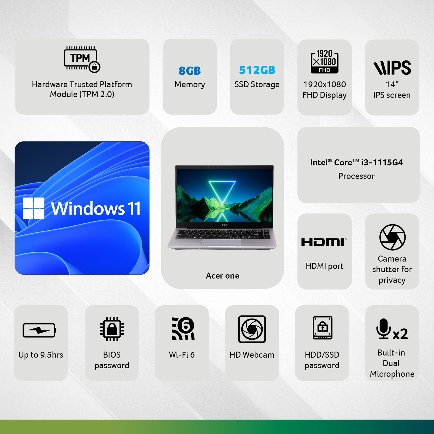 Image of Acer One Intel Core i3 11th Gen 1115G4 - (8 GB /512 GB SSD /Windows 11 Home) AO 14 Z 8-415 Thin and Light Laptop