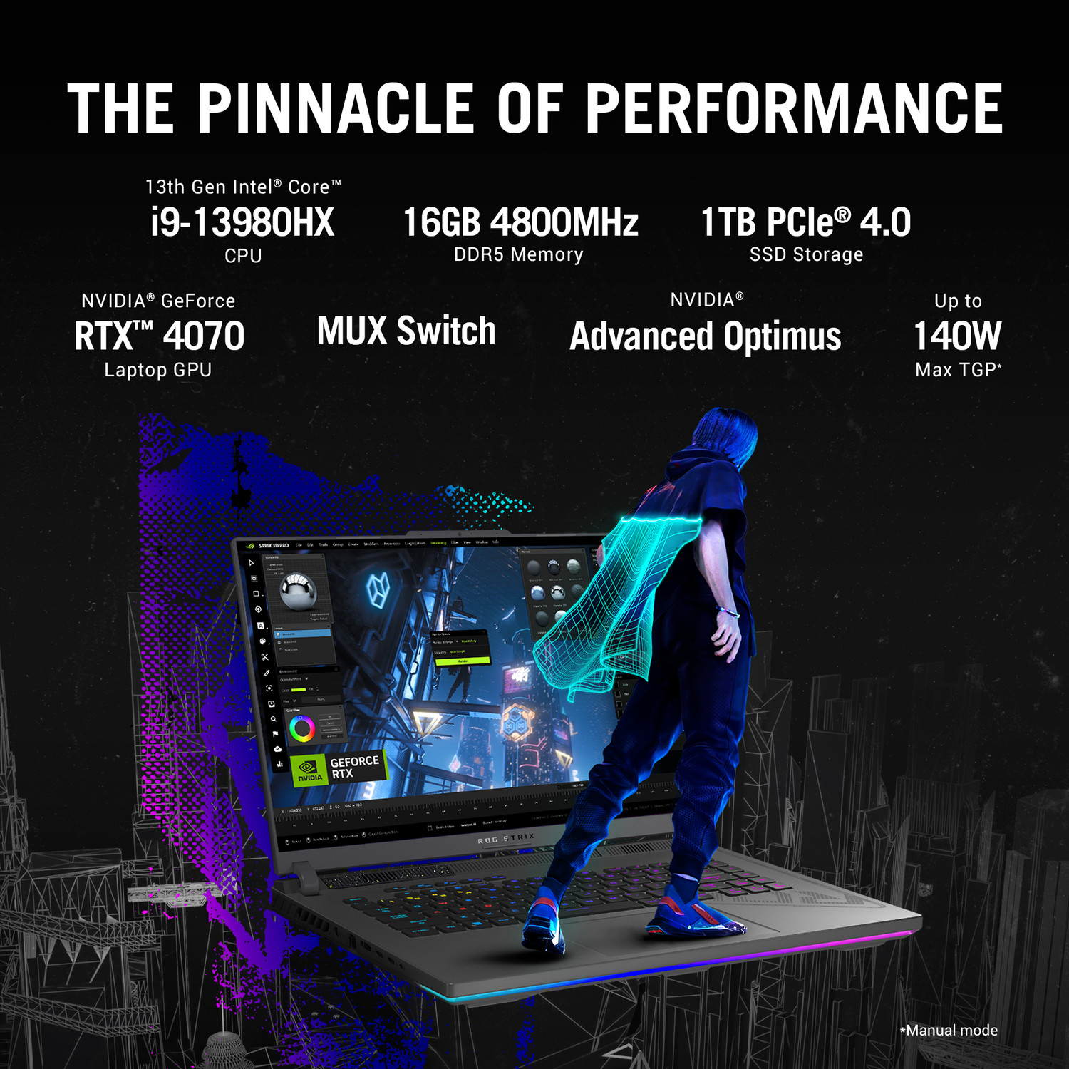 Image of ASUS ROG Strix G16 with 90WHr Battery Intel HX-Series Intel Core i9 13th Gen 13980HX - (16 GB /1 TB SSD /Windows 11 Home /8 GB Graphics /NVIDIA GeForce RTX 4070 /240 HZ /140 TGP) G614JI-N4151WS Gaming Laptop