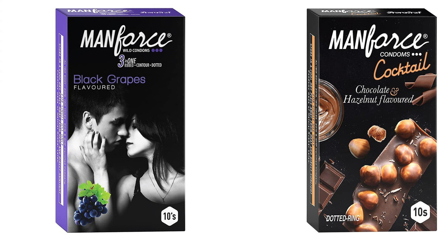 Image of MANFORCE 3 in 1 (Ribbed, Contour, Dotted) Wild Black Grapes Flavoured Condoms- 10 Pieces & Cocktail Condoms with Dotted-Rings, Hazelnut & Chocolate Flavoured- 10 Pieces Condom (Set of 2, 20 Sheets)