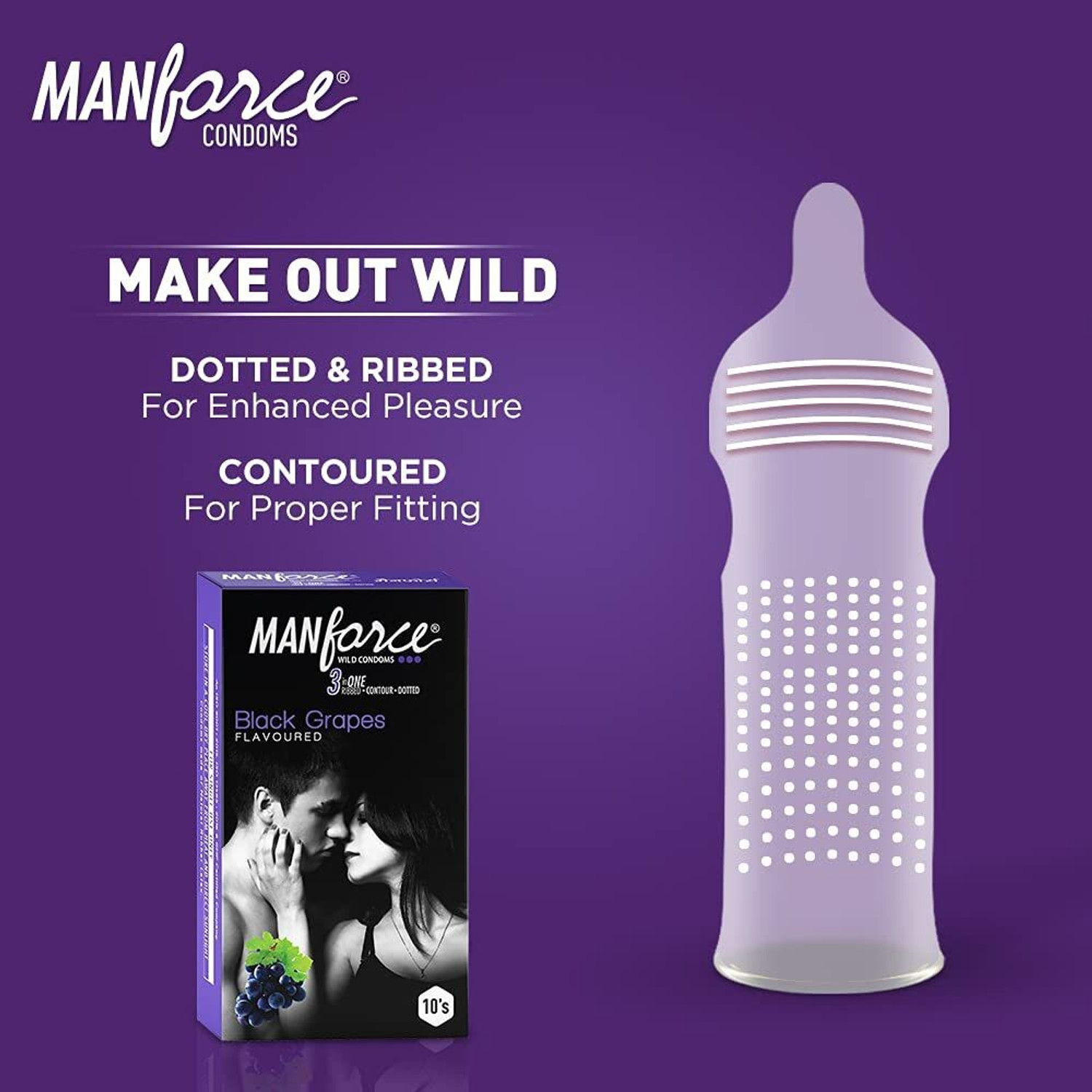 Image of MANFORCE 3 in 1 (Ribbed, Contour, Dotted) Wild Black Grapes Flavoured Condoms- 10 Pieces & Cocktail Condoms with Dotted-Rings, Hazelnut & Chocolate Flavoured- 10 Pieces Condom (Set of 2, 20 Sheets)