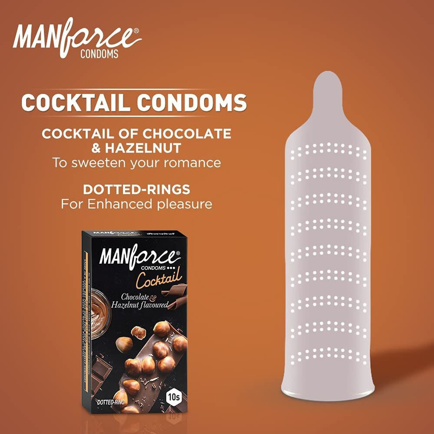 Image of MANFORCE 3 in 1 (Ribbed, Contour, Dotted) Wild Black Grapes Flavoured Condoms- 10 Pieces & Cocktail Condoms with Dotted-Rings, Hazelnut & Chocolate Flavoured- 10 Pieces Condom (Set of 2, 20 Sheets)