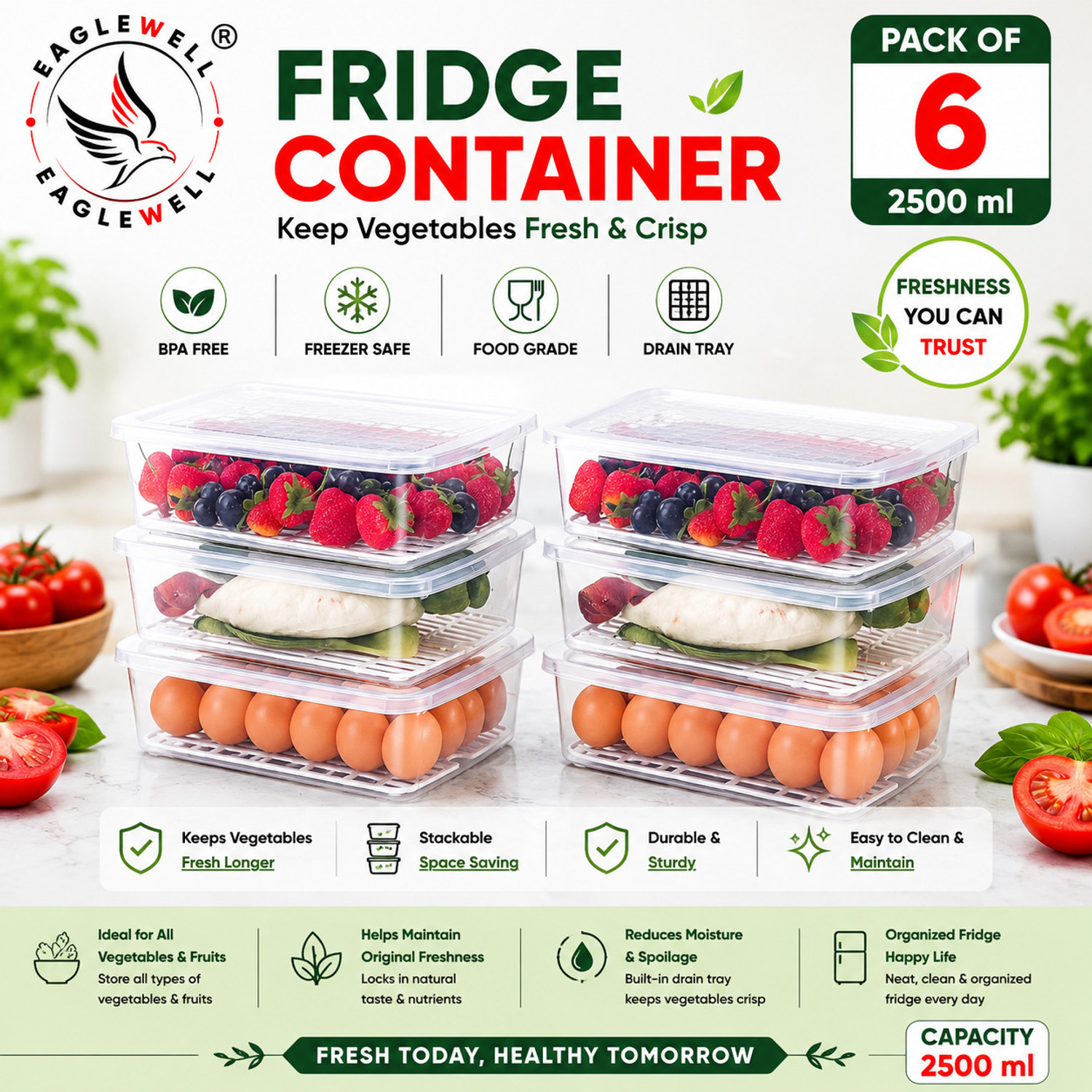 Image of meelana Plastic Fridge Container - 2500 ml (Pack of 4, White)