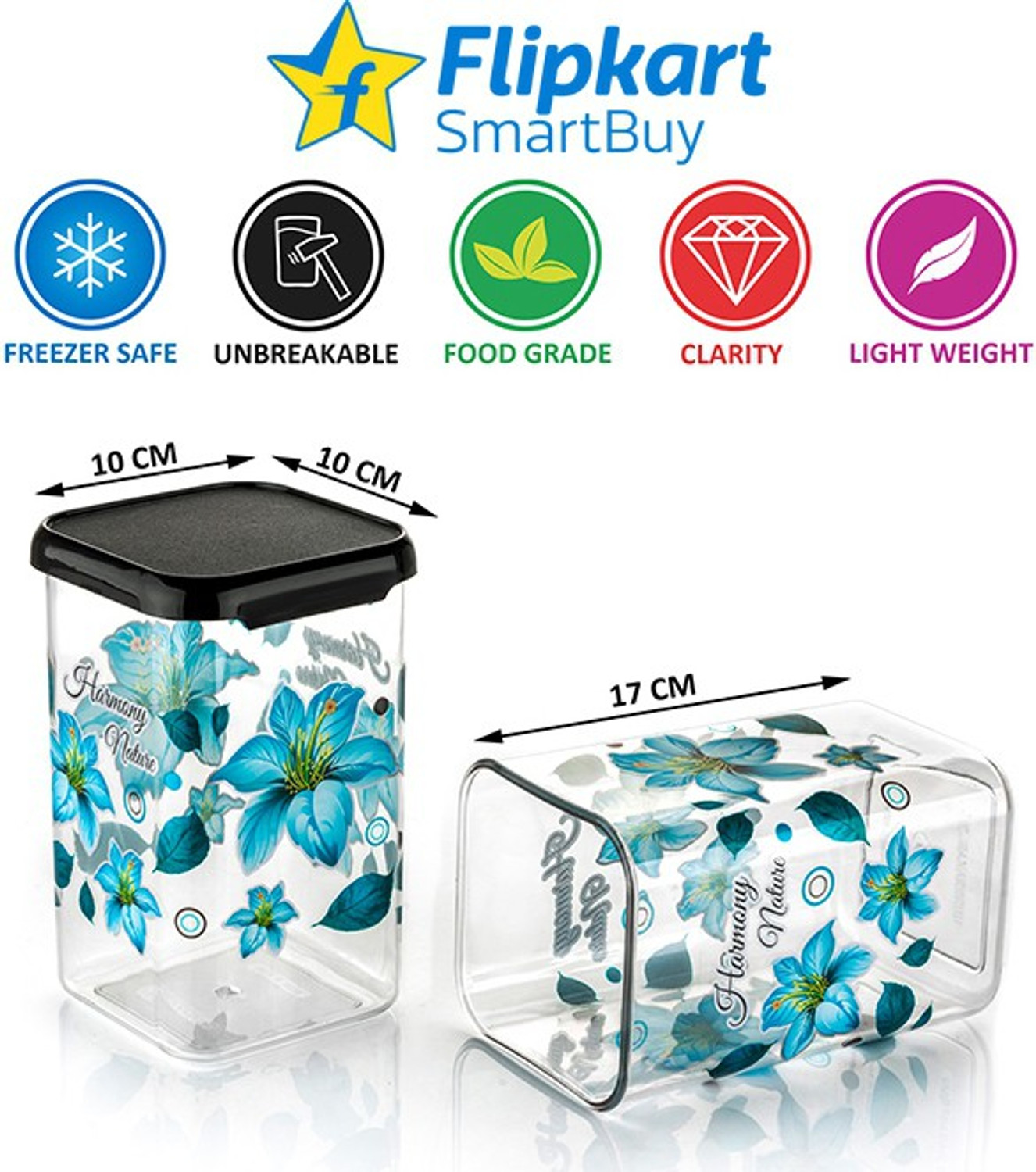 Image of Flipkart SmartBuy Plastic Grocery Container - 1100 ml (Pack of 12, Black, Green)