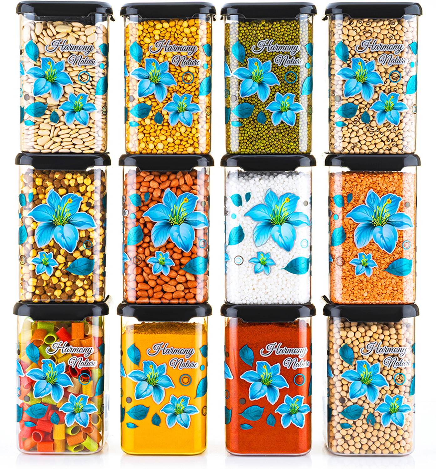 Image of Flipkart SmartBuy Plastic Grocery Container - 1100 ml (Pack of 12, Black, Green)