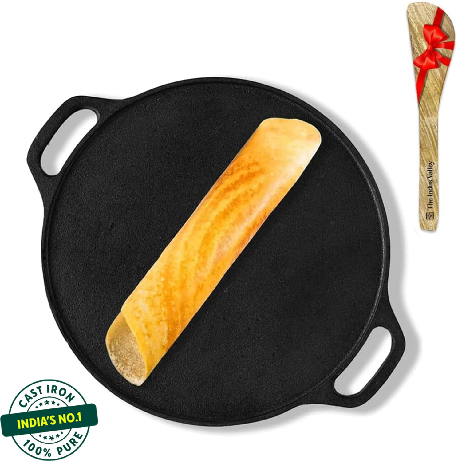 The Indus Valley Pre-seasoned Cast Iron Tawa with Free Wooden Spatula|