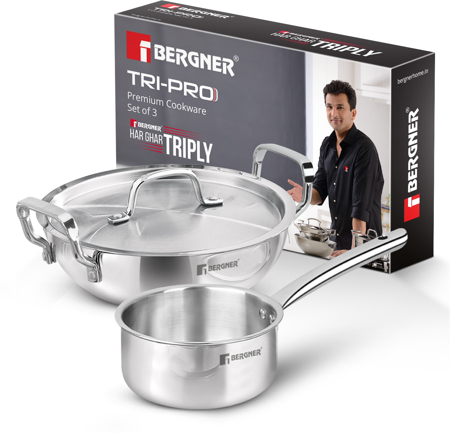 BERGNER Tripro Triply Stainless Steel | Less Oil Cooking | Kadai with Teapan Set | Induction Bottom Cookware Set