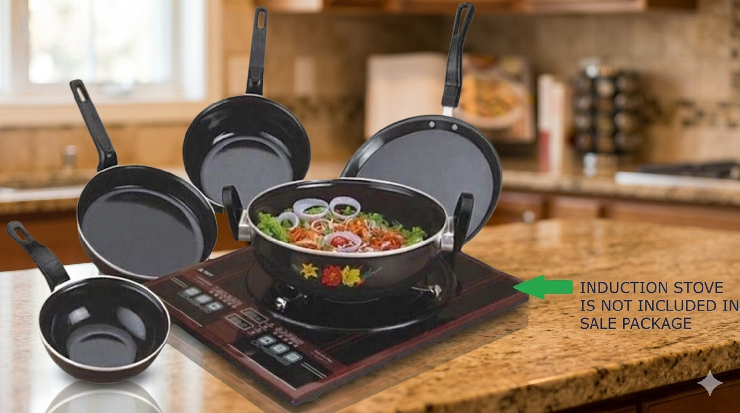 Image of Jainpet Modern Home Chef 5-Piece Set Induction Bottom Non-Stick Coated Cookware Set (Aluminium, Stainless Steel, 5 - Piece)