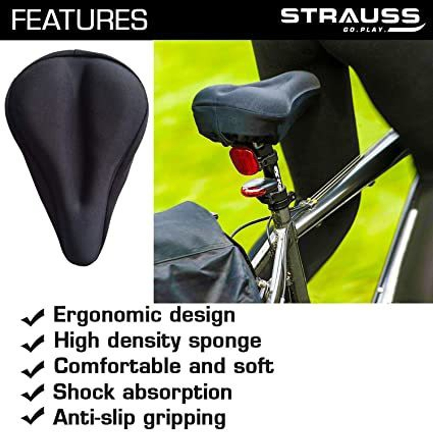 Alentar Gel Seat Cover Black and Bicycle Flash Tail Light with