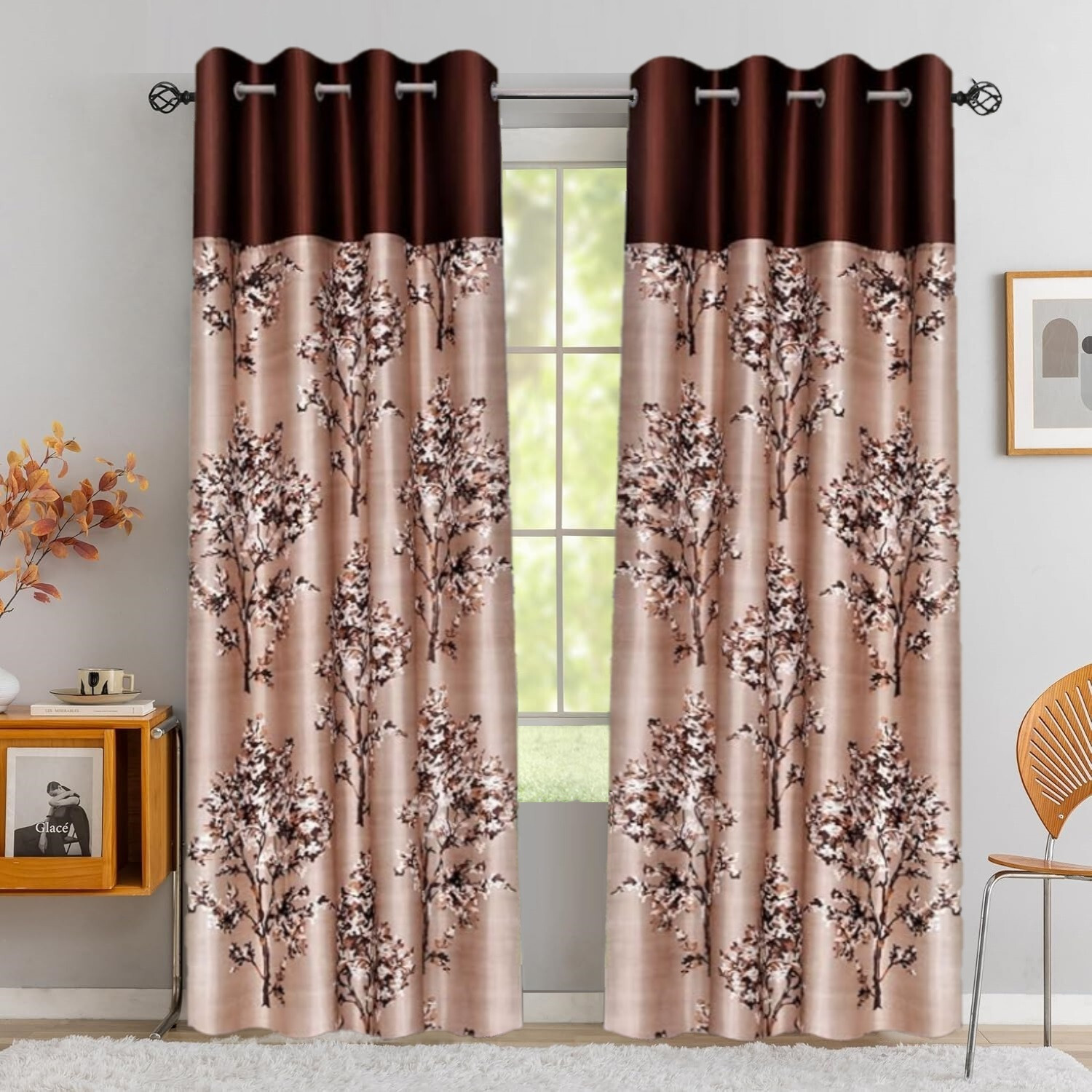 Image of RS Quality 270 cm (9 ft) Long Door Polyester Curtain (Pack Of 2) (Brown, Floral)