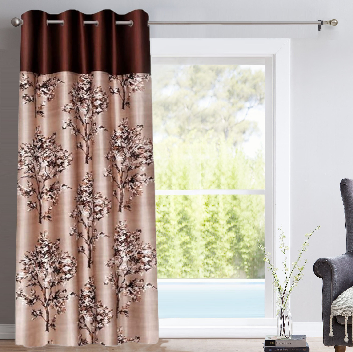 Image of Cortina 270 cm (9 ft) Long Door Polyester Semi Transparent Curtain Single Curtain (Brown, Printed)