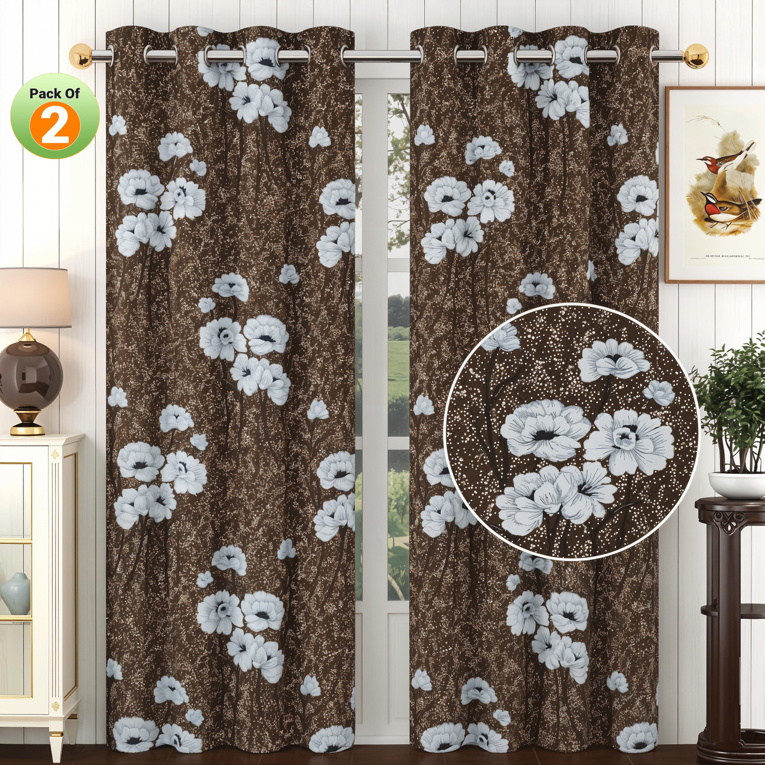 Image of RS Quality 270 cm (9 ft) Long Door Polyester Curtain (Pack Of 2) (Brown, Floral)