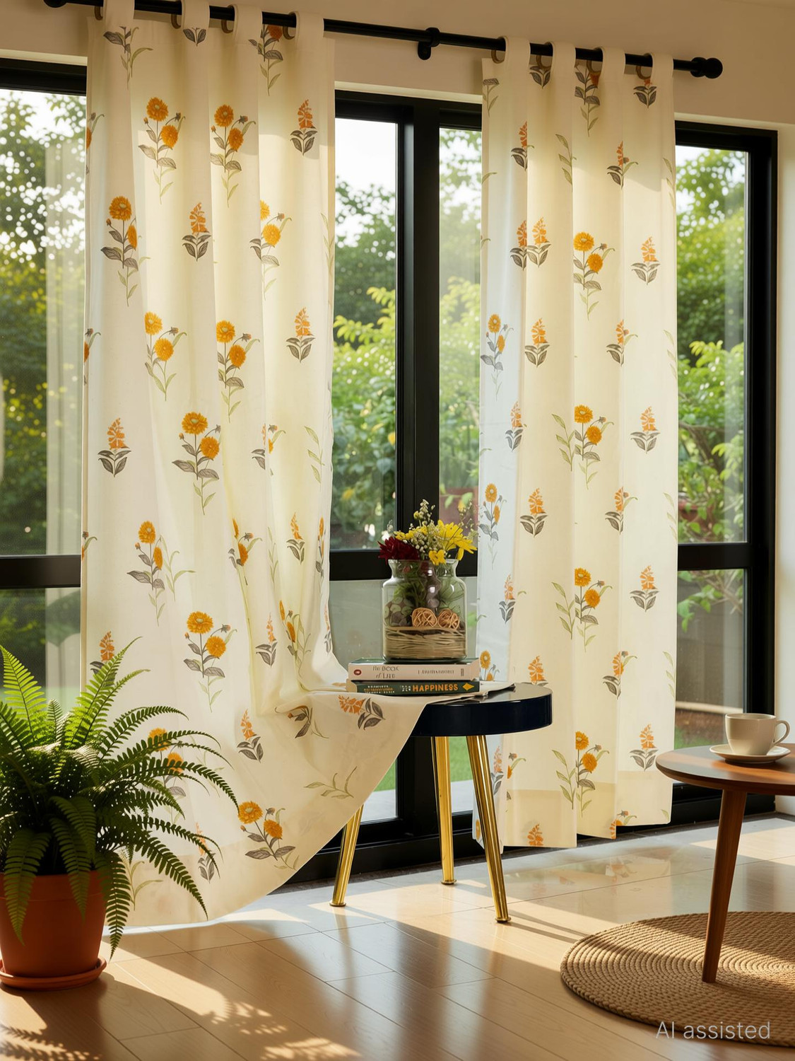 Image of Home Stylish 252 cm (8 ft) Window Polyester Room Darkening Curtain Single Curtain (Cream, Floral)