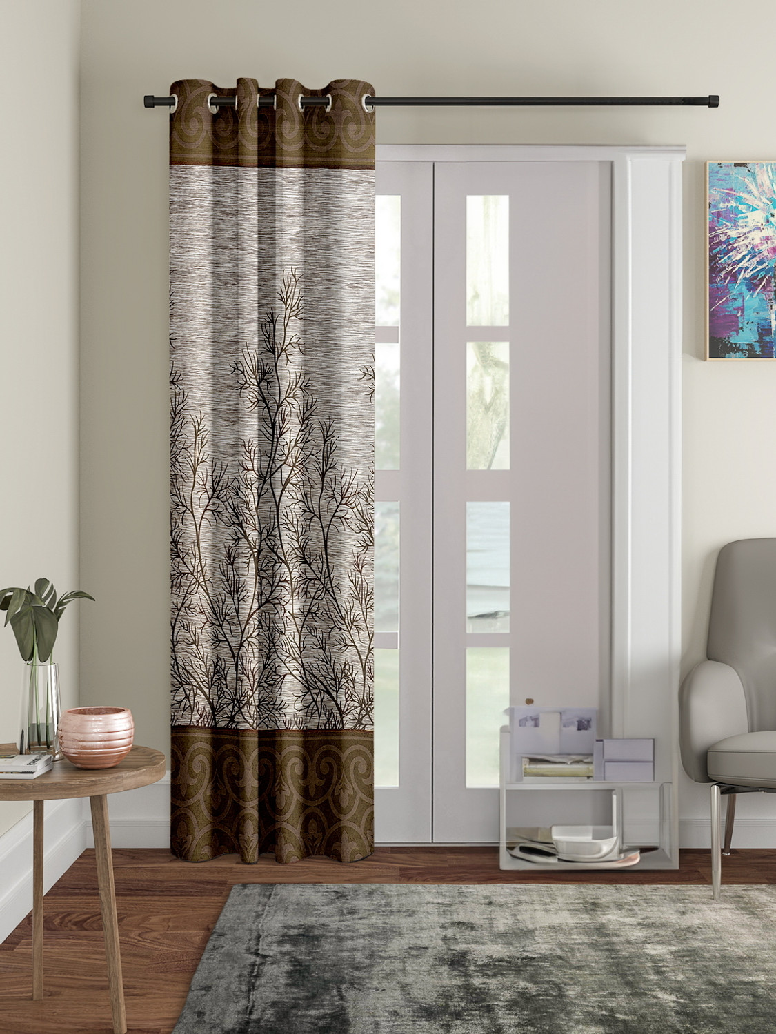 Image of Cortina 270 cm (9 ft) Long Door Polyester Semi Transparent Curtain Single Curtain (Brown, Printed)