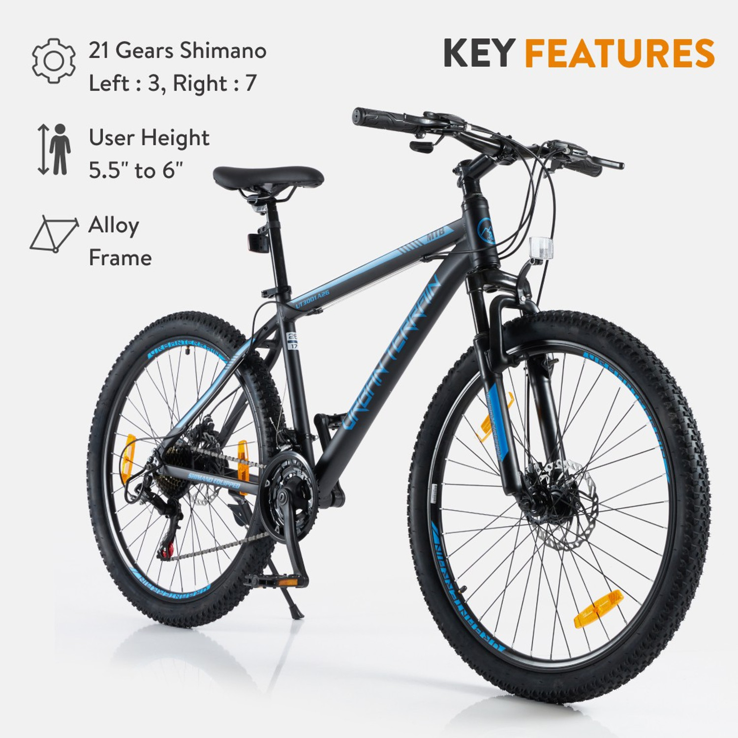 Urban Terrain UT3001A26 Alloy MTB Cycles Shimano Geared for Men with Dual Disc Brake 26 T Road Cycle 21 Gear Black Blue Only Front Suspension Price History