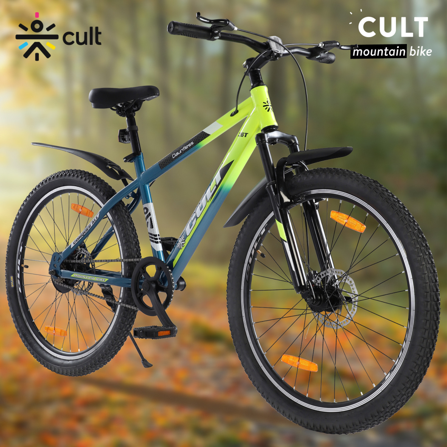 Image of Cultsport by Cult Dauntless Cycles for Men with Steel Frame & Dual Disc Brake MTB 26 T (inch) Road Cycle (Single Speed, Green, Blue, Only Front Suspension)