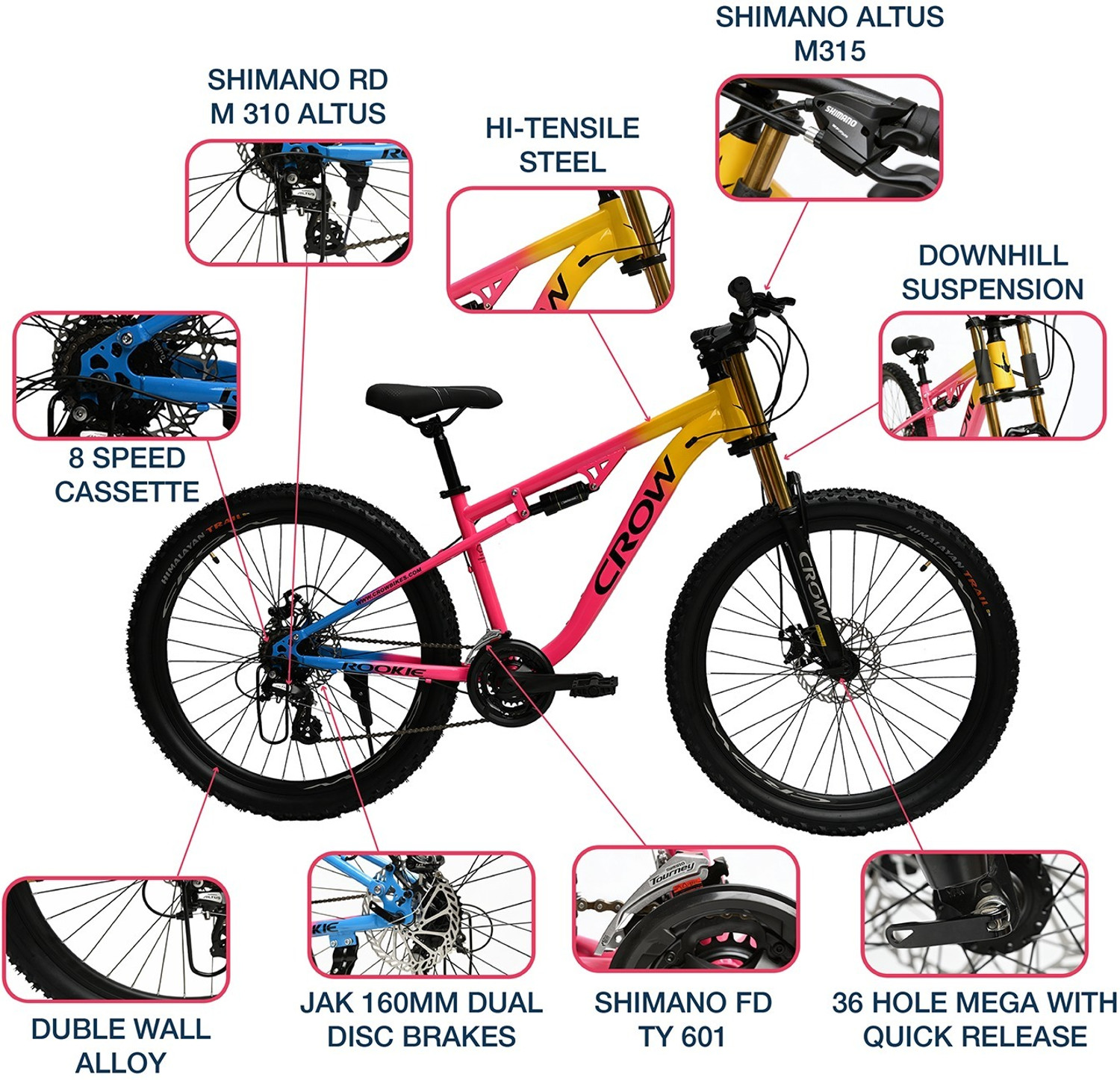 Image of Crow ROOKIE PRO 24 SPEED|DUAL SUSPENSION|shimano gear|shimano cassette|JAK DISC BRAKE 27.5 T (inch) Mountain Cycle (24 Gear, Multicolor, Dual Suspension)