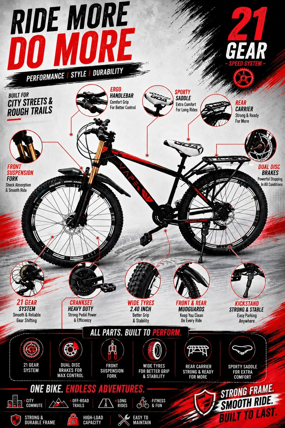 Image of GOAL DOUBLE CROWN|| DOUBLE DISC||21 SPEED 26 T (inch) Mountain Cycle (21 Gear, Black, Red, Only Front Suspension)
