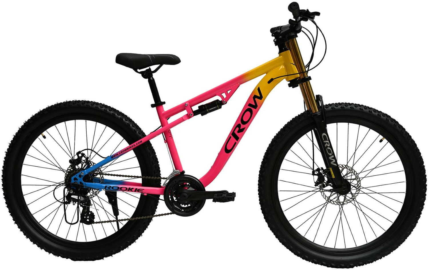 Image of Crow ROOKIE PRO 24 SPEED|DUAL SUSPENSION|shimano gear|shimano cassette|JAK DISC BRAKE 27.5 T (inch) Mountain Cycle (24 Gear, Multicolor, Dual Suspension)
