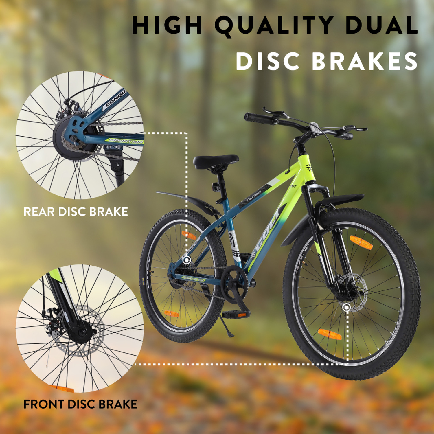 Image of Cultsport by Cult Dauntless Cycles for Men with Steel Frame & Dual Disc Brake MTB 26 T (inch) Road Cycle (Single Speed, Green, Blue, Only Front Suspension)