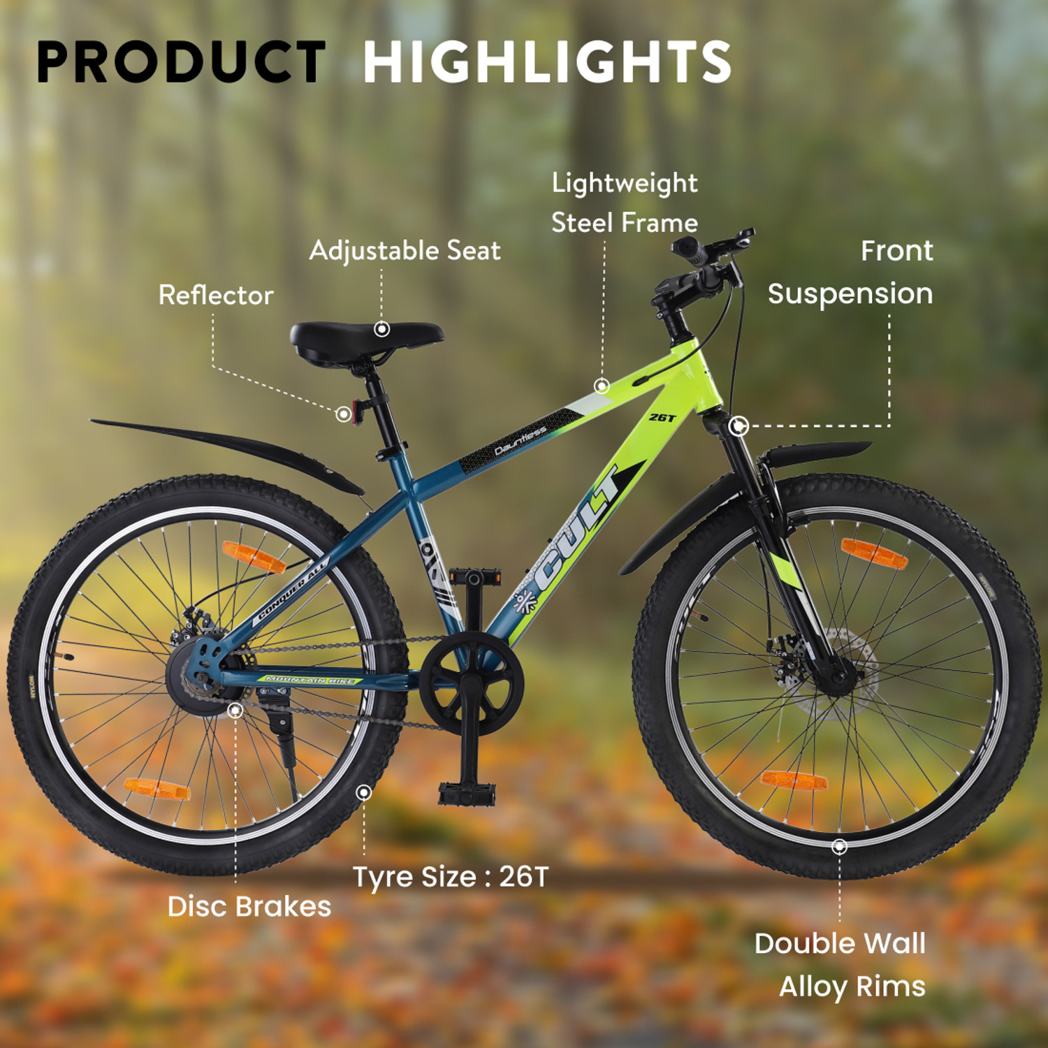 Image of Cultsport by Cult Dauntless Cycles for Men with Steel Frame & Dual Disc Brake MTB 26 T (inch) Road Cycle (Single Speed, Green, Blue, Only Front Suspension)