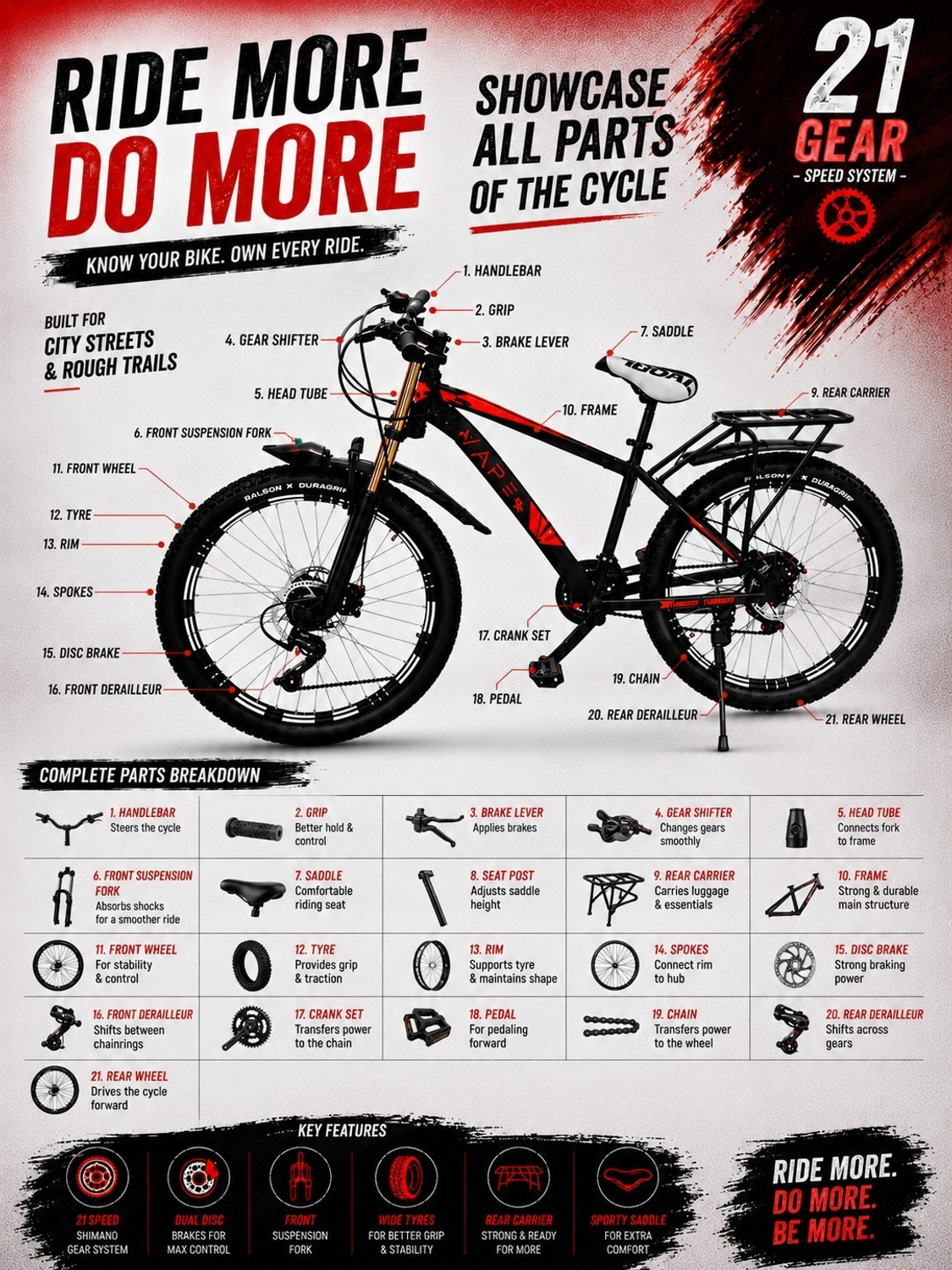 Image of GOAL DOUBLE CROWN|| DOUBLE DISC||21 SPEED 26 T (inch) Mountain Cycle (21 Gear, Black, Red, Only Front Suspension)