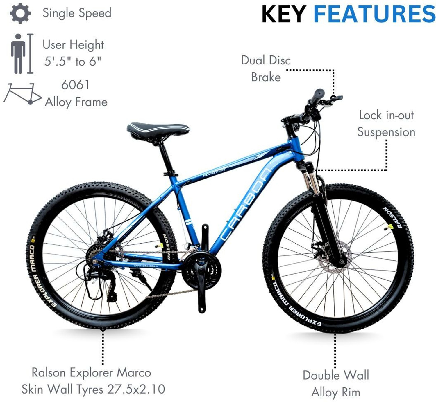 Image of CarbonBike MAGNUM 21 SPEED Fully Alloy Premium MTB Bike 27.5 T (inch) Mountain Cycle (21 Gear, Blue, Only Front Suspension)