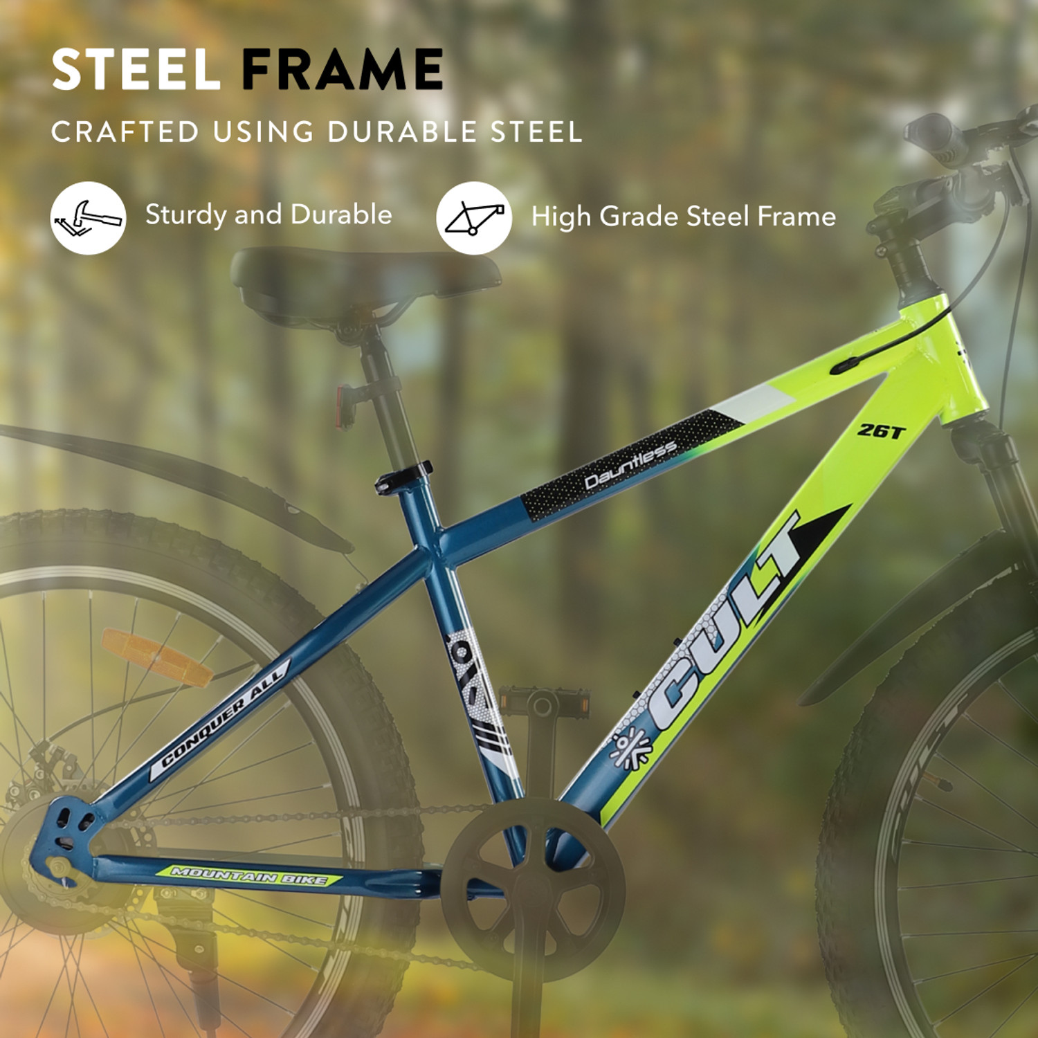 Image of Cultsport by Cult Dauntless Cycles for Men with Steel Frame & Dual Disc Brake MTB 26 T (inch) Road Cycle (Single Speed, Green, Blue, Only Front Suspension)