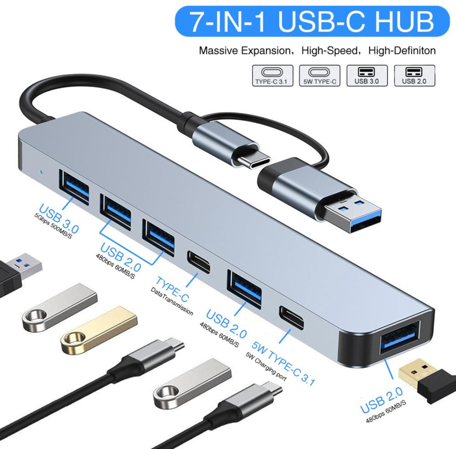 Image of LipiWorld TV-out Cable 3 in 1 Hub Type C to HDMI+USB 3.0+USB-C Charging Port (Silver, For Laptop)